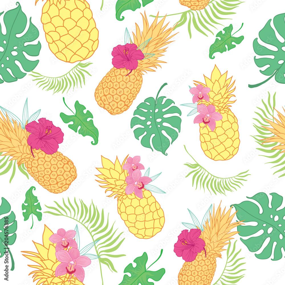 1000x1000 Tropical pineapples seamless repeat pattern. Great for summer exotic wallpaper, background, packaging, fabric, and giftwrap projects. Surface pattern design. Stock Vector