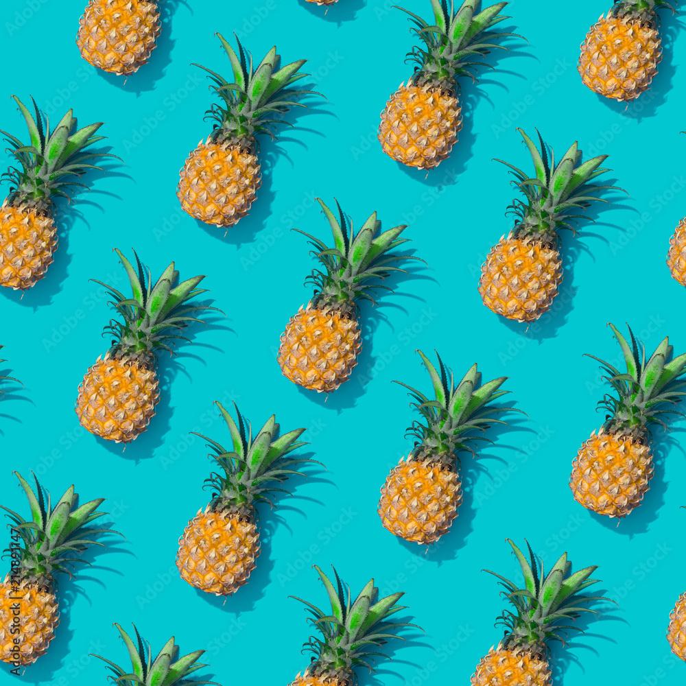 1000x1000 Pineapple creative tropical pattern vivid blue background. Abstract summer art background. Minimal print concept. Flat lay food