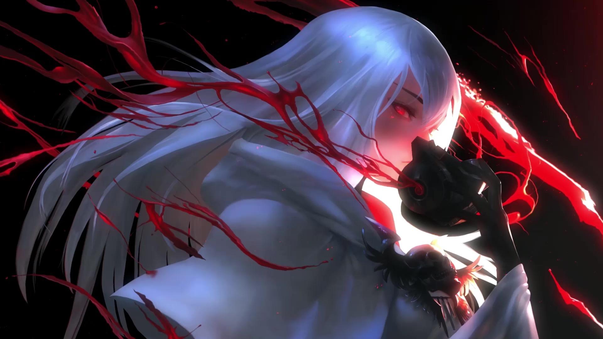 Wallpaper white hair, anime girl, vampire, original desktop wallpaper, hd  image, picture, background, 8ef119