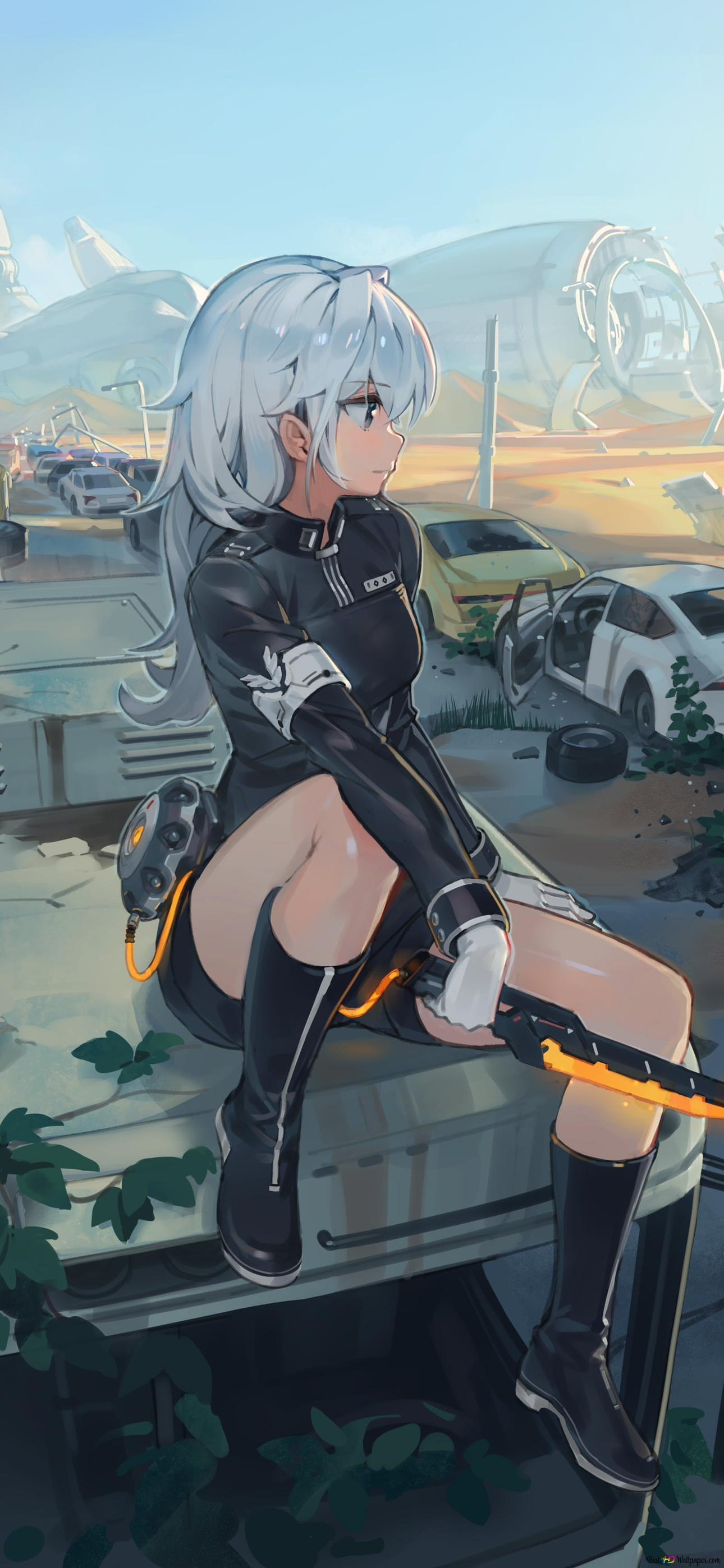 1290x2796 Anime beautiful girl with white hair holding a knife in a black dress sitting on a bus near old cars 2K wallpaper download