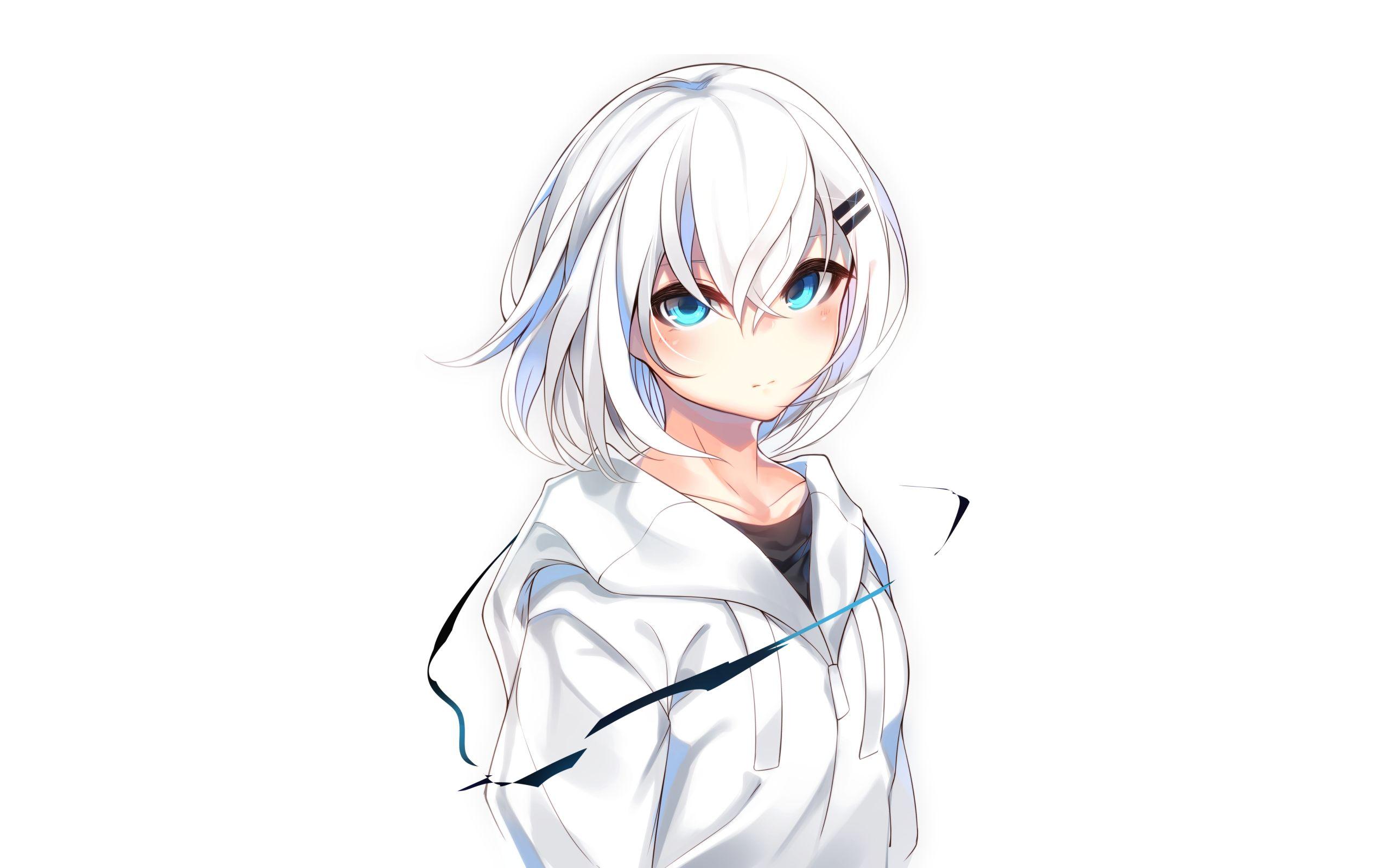 2560x1600 HD desktop wallpaper: Anime, Girl, Hoodie, Blue Eyes, White Hair download free picture