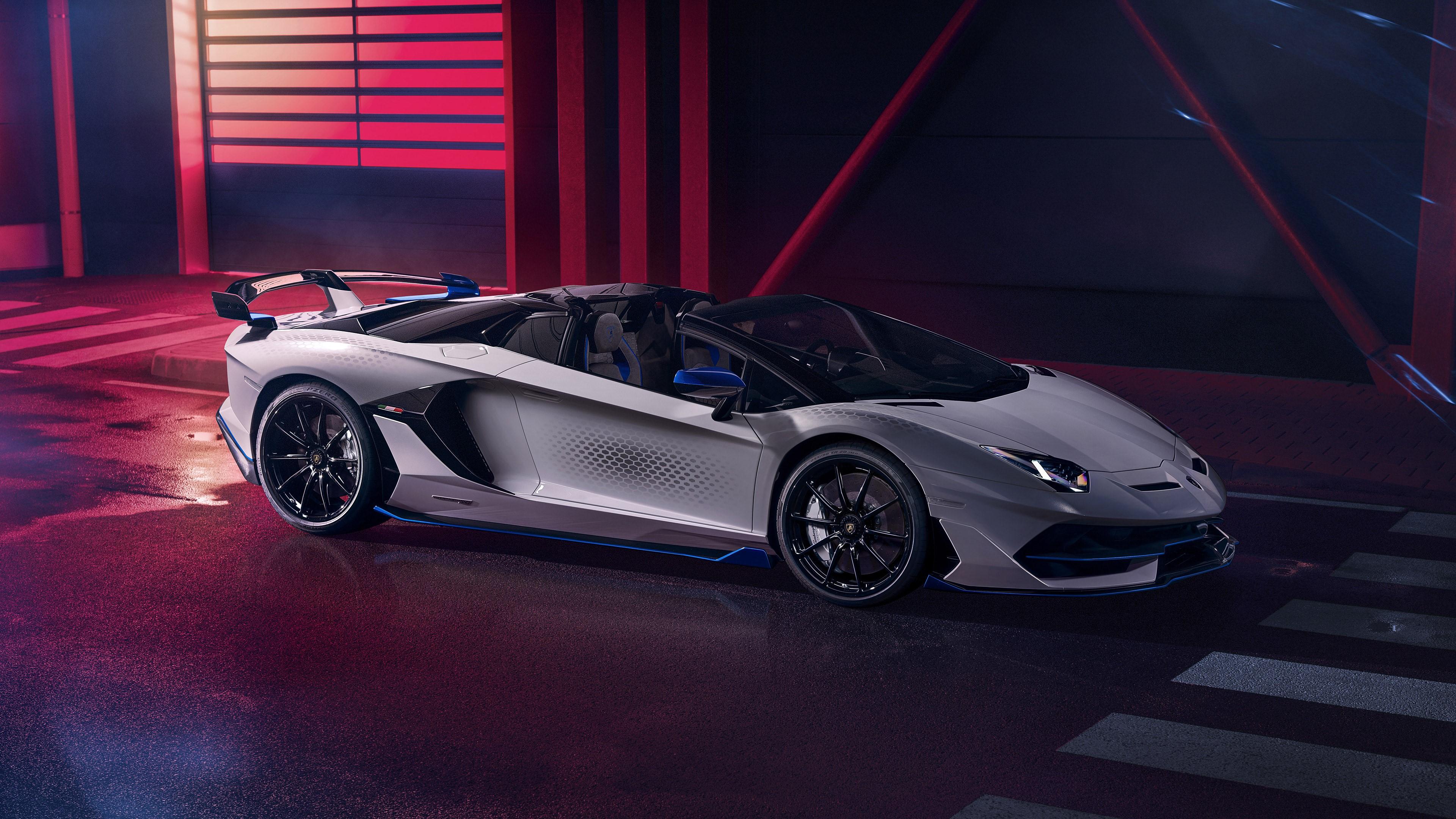 3840x2160 4K, Lamborghini Aventador SVJ, low light, car, night, street, supercars, white cars, Roadster, Lamborghini, vehicle Gallery HD Wallpaper