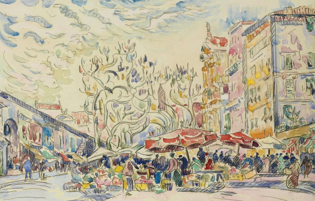 1332x850 Wallpaper figure, watercolor, the urban landscape, Paul Signac, Paul Signac, Nice. Cours Saleya image for desktop, section живопись