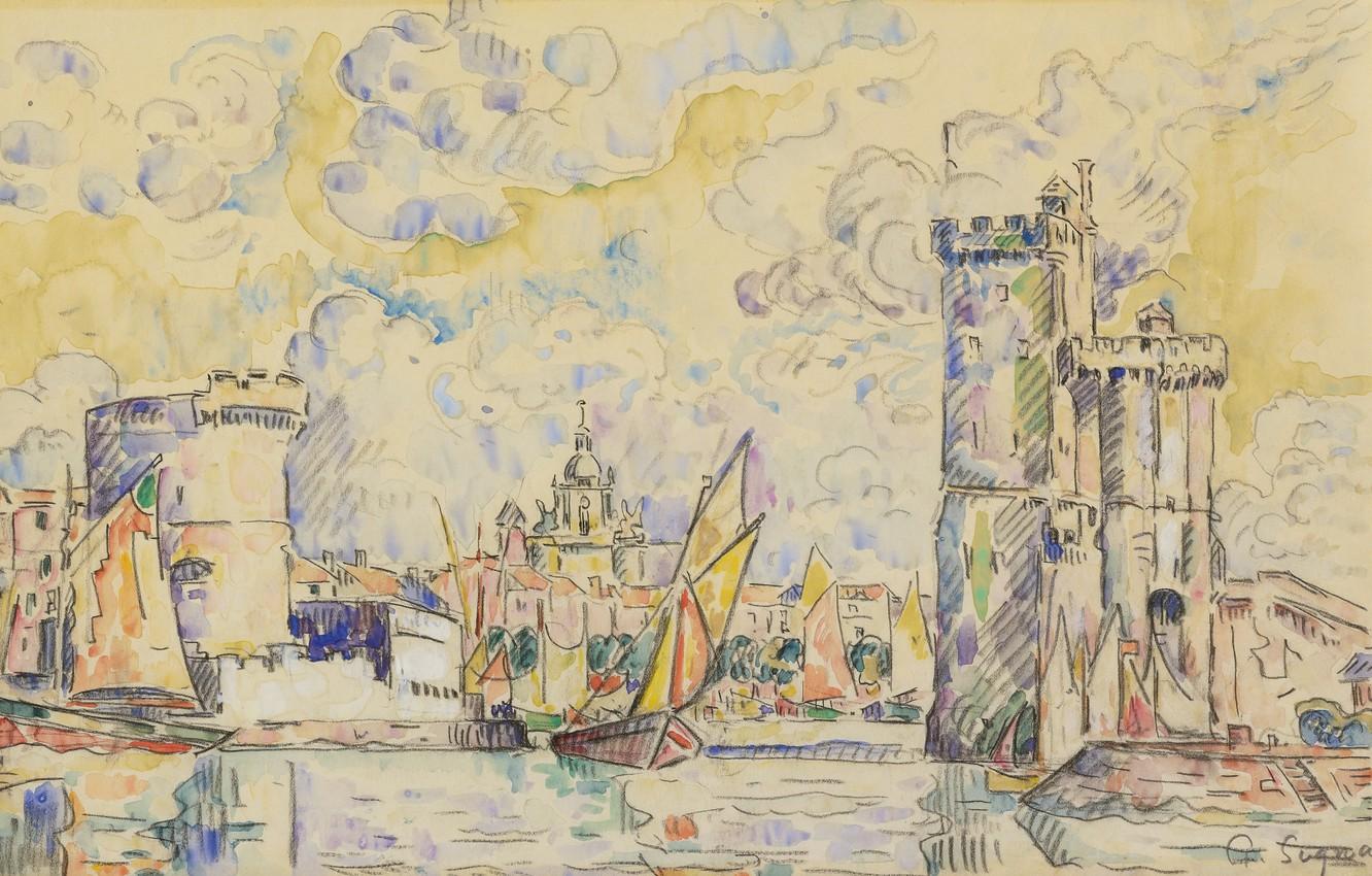 1332x850 Wallpaper figure, watercolor, Paul Signac, The Port Of La Rochelle, Paul Signac image for desktop, section живопись
