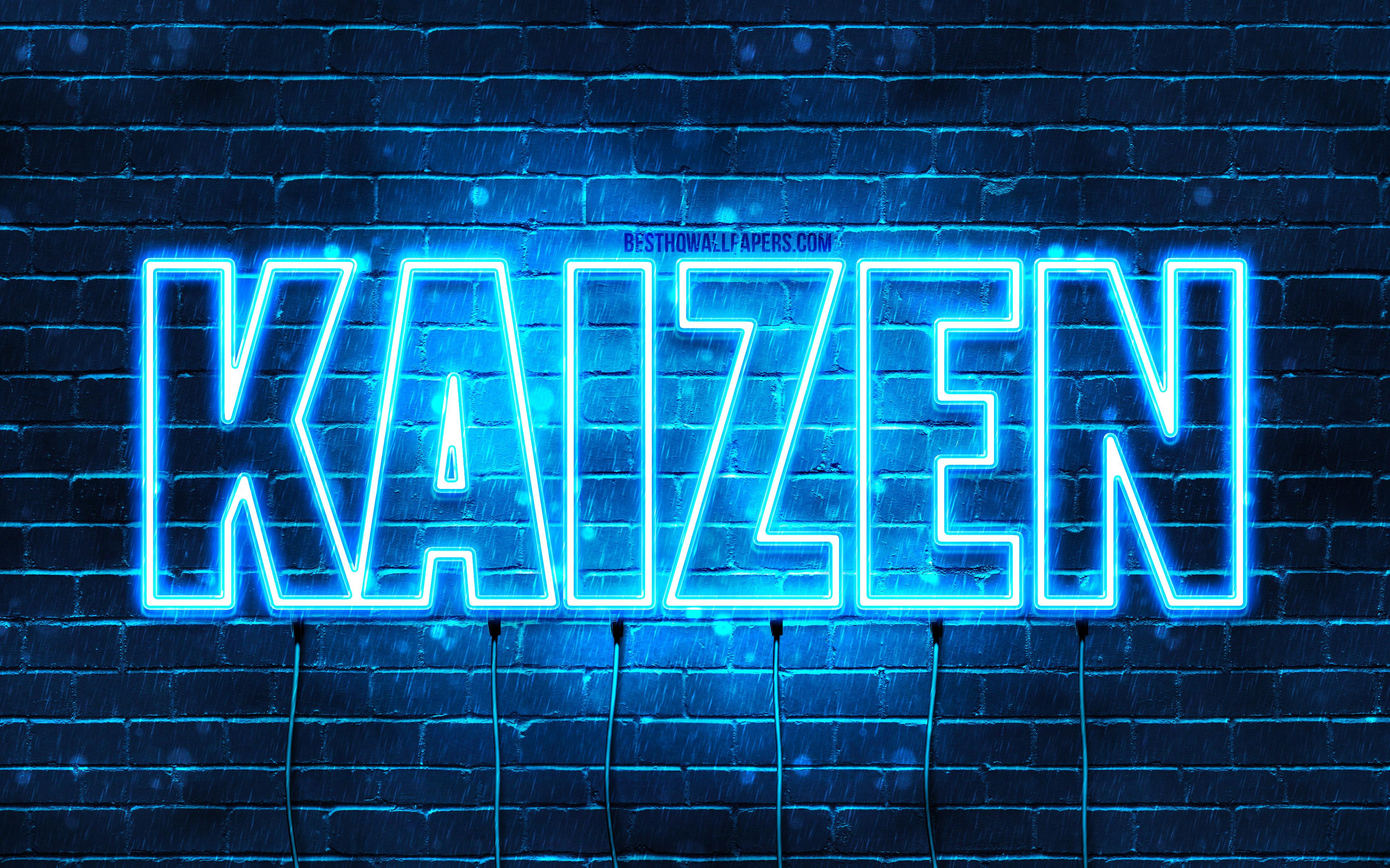 3840x2400 Download wallpaper Happy Birthday Kaizen, 4k, blue neon lights, Kaizen name, creative, Kaizen Happy Birthday, Kaizen Birthday, popular japanese male names, picture with Kaizen name, Kaizen for desktop with resolution 3840x2400. High