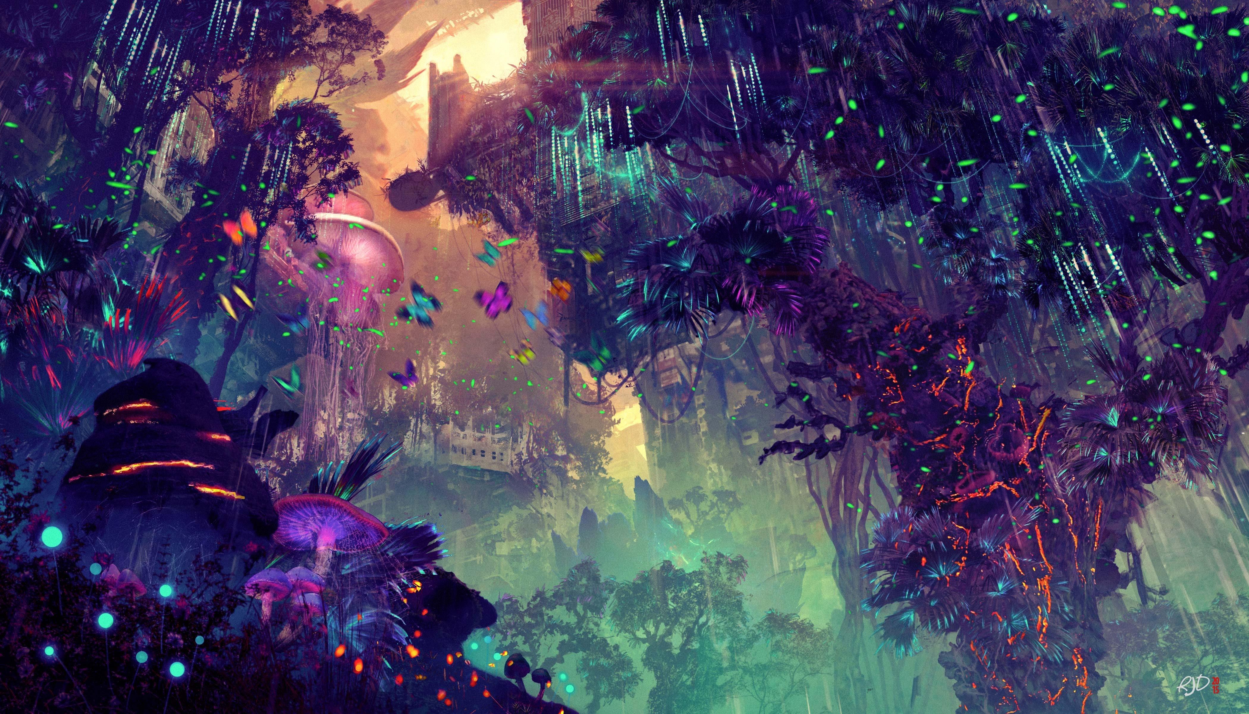 4200x2400 landscape, digital art, fantasy art, city, glowing, science fiction, flower, screenshot, computer wallpaper, special effects, psychedelic art Gallery HD Wallpaper