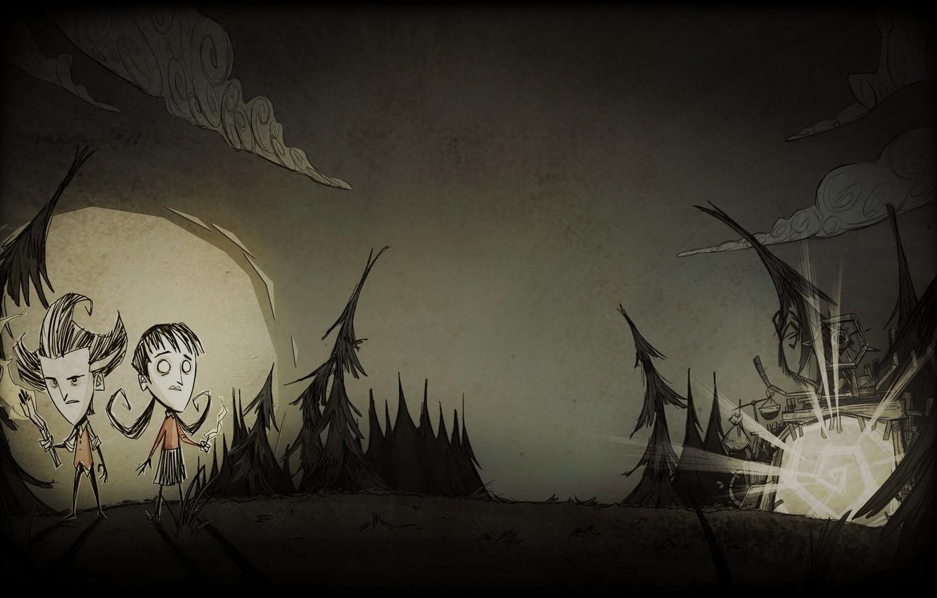 1332x850 Wallpaper Forest, The Sky, Clouds, The Moon, Ate, B W, Survival, Wilson, Together, Wilson, Willow, Don't Starve, Quest, Willow Image For Desktop, Section игры