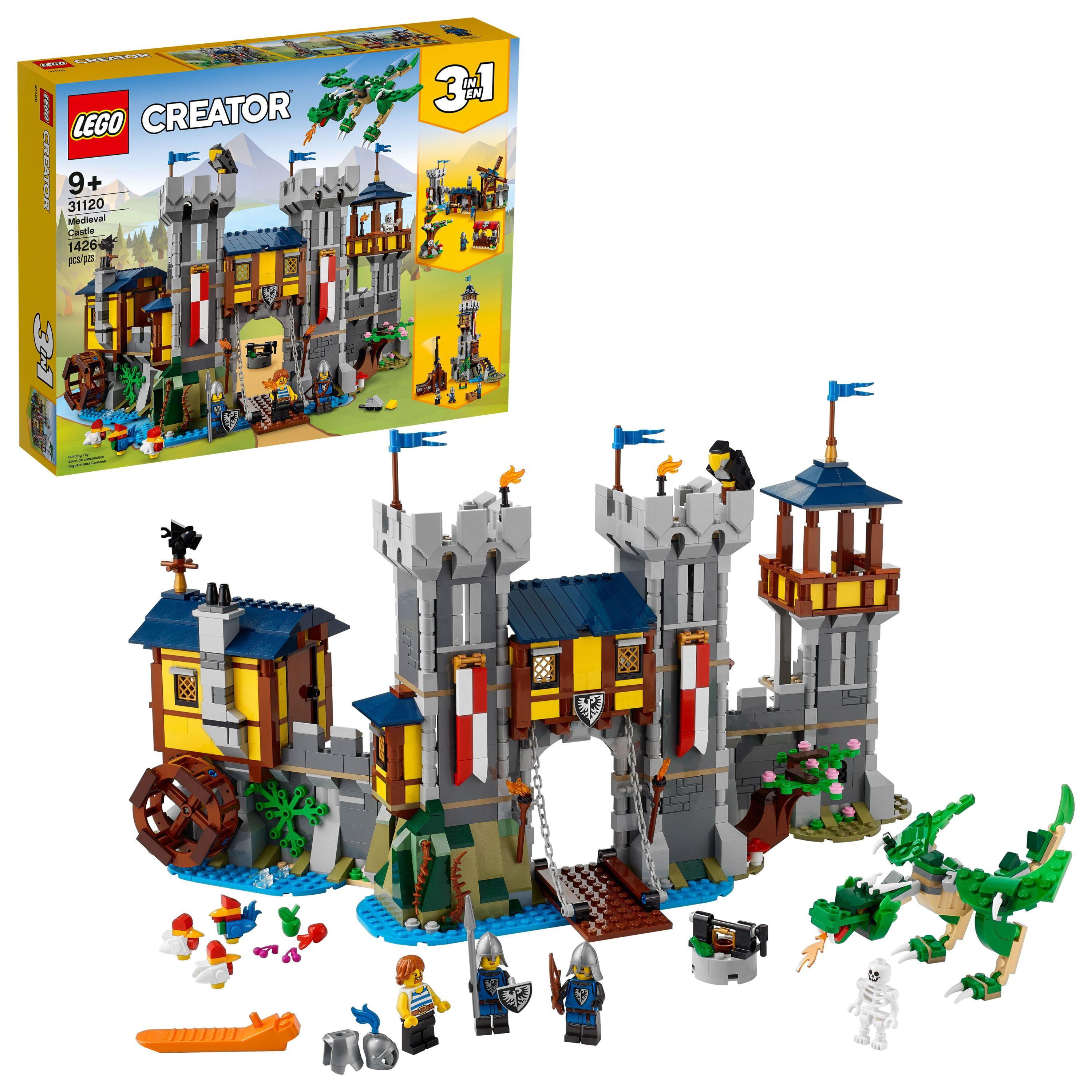 3000x3000 LEGO Creator 3in1 Medieval Castle Toy to Tower or Marketplace with Skeleton, Dragon Figure, 3 Minifigures and Catapult