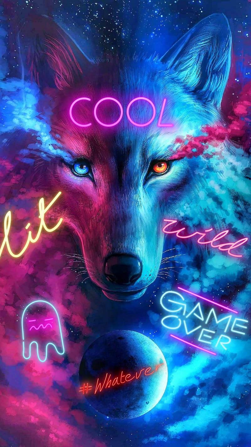 800x1422 Download Cool Neon Lights And Galaxy Wolf Wallpaper