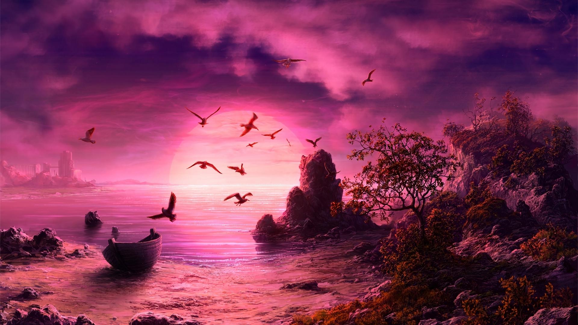 1920x1080 Wallpaper / sunset, pink, sea, ratushnyak vitaliy, luminos, beach, fantasy, water, vara, boat, bird, pasari, summer free download