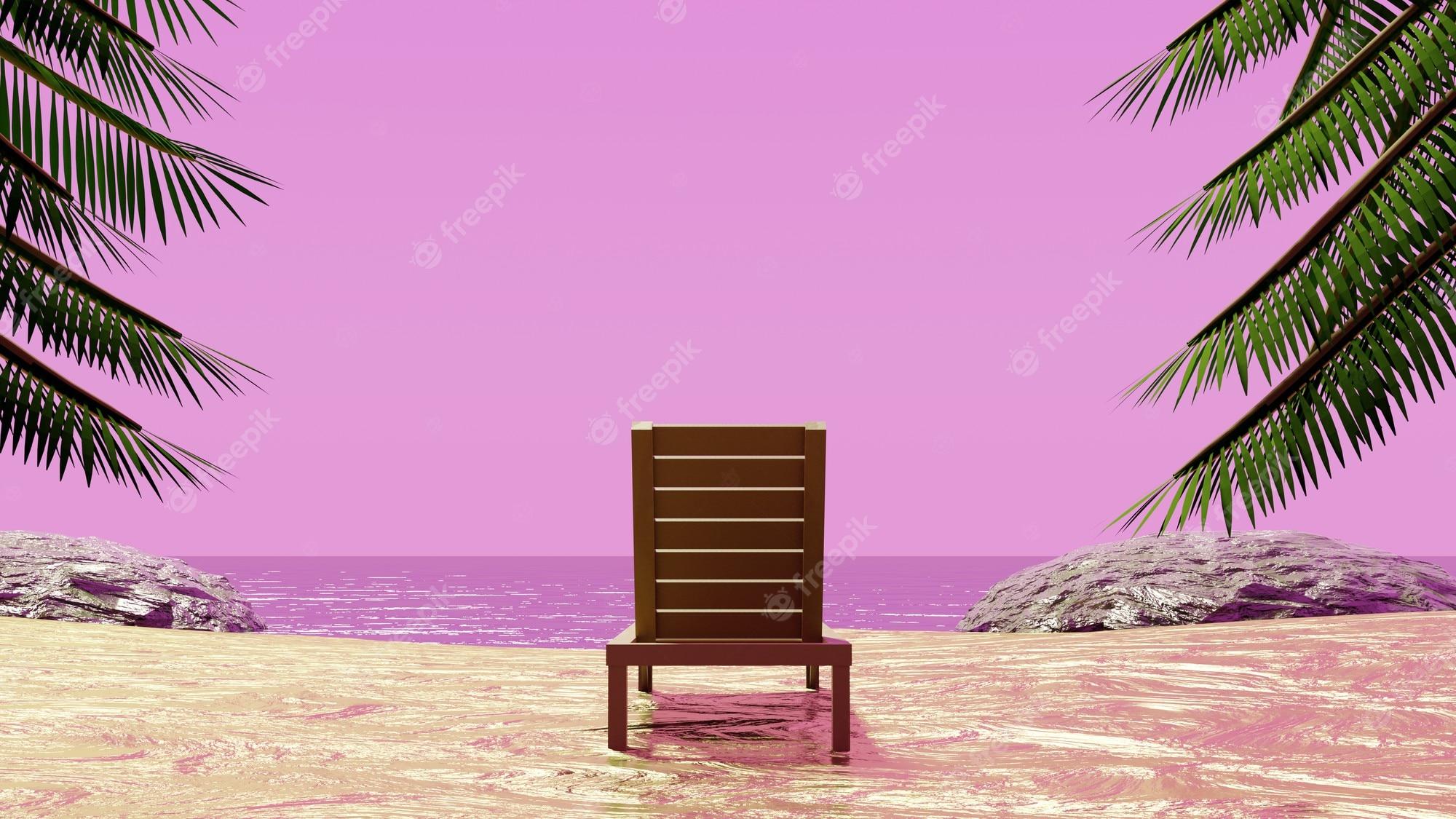 2000x1125 Premium Photo. Beach chair enjoying the beach pink sky 3D render summer tropical background