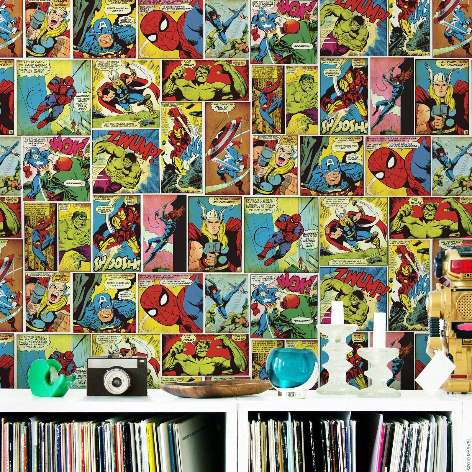 1600x1600 Marvel Comic Strip Wallpaper Multi Muriva 159501 Thor Hulk Spiderman 5060233008247