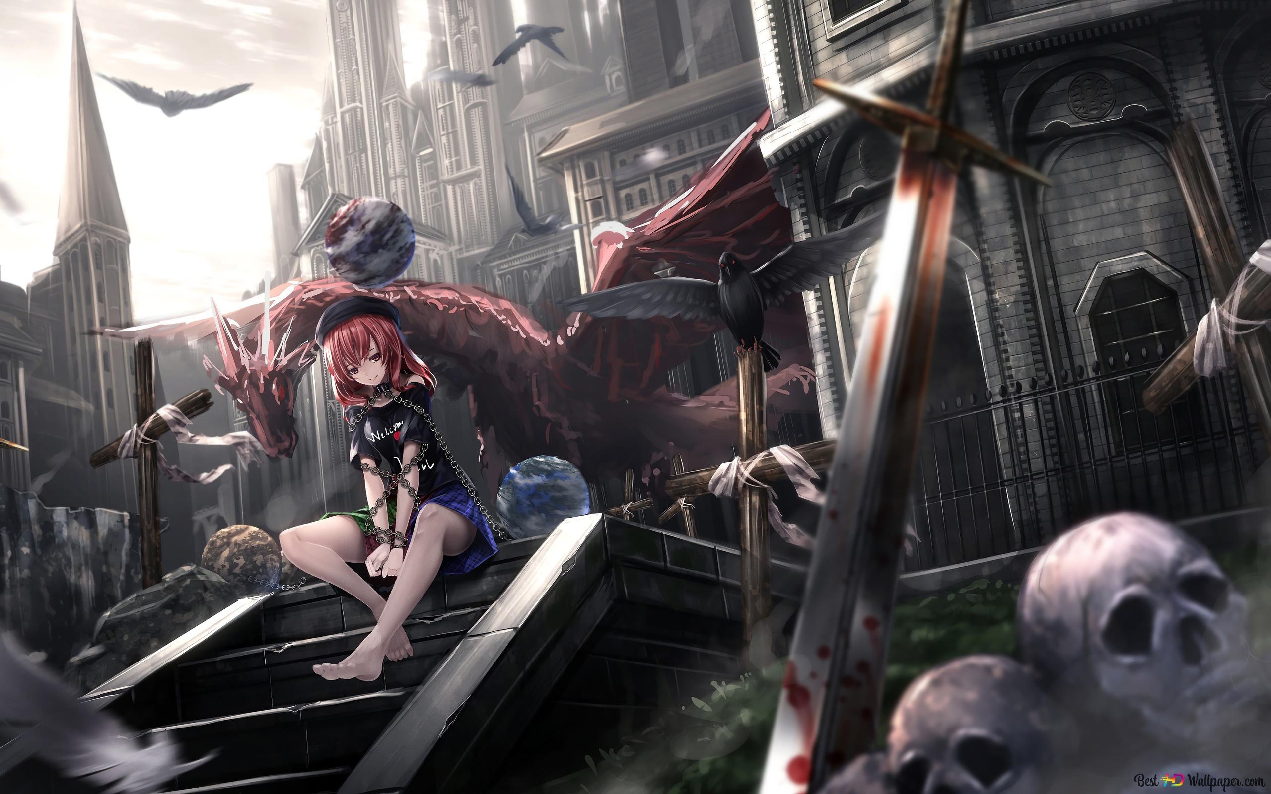 2560x1600 Anime Girl Fantasy Dragon & Skull 4K wallpaper download