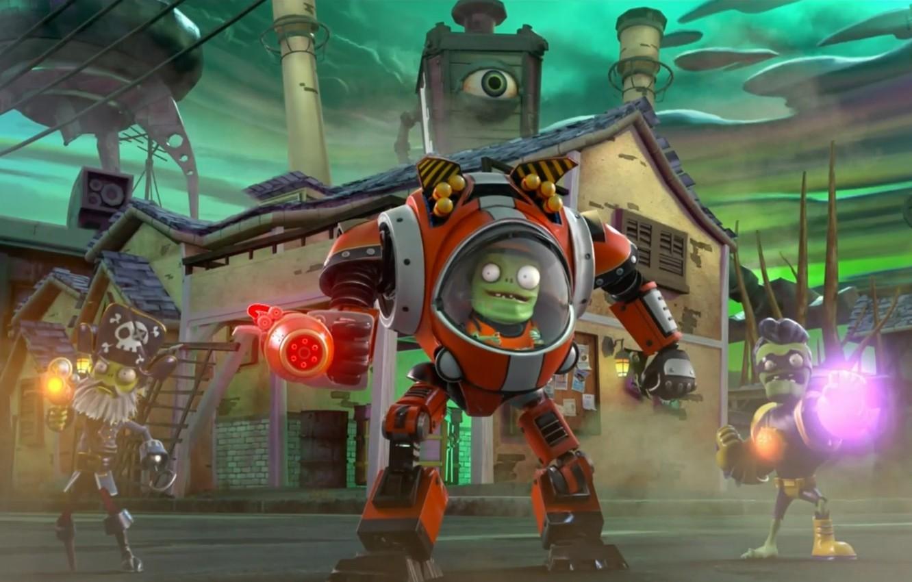 1332x850 Wallpaper city, ufo, sake, aliens, house, game, mecha, pirate, hat, spaceship, robots, eye, Imp, Plants vs Zombies, Plants vs Zombies Garden Warfare, Plants vs Zombies Garden Warfare - for desktop, section