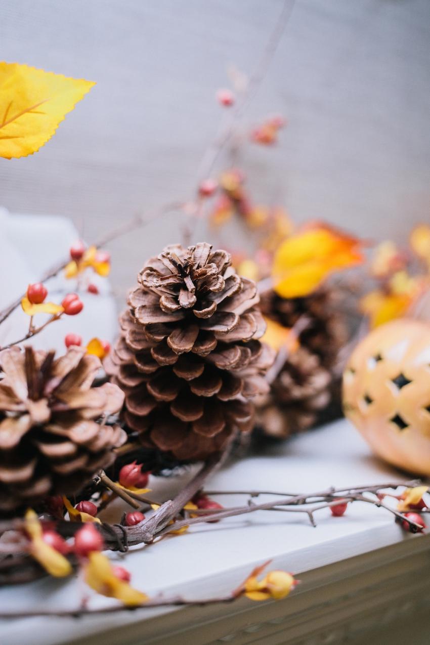 850x1275 Gorgeous Autumn Fireplace Mantel with Autumn Berry Garland, Pinecones, and Ceramic Filigree Pumpkin in front of Grey Wallpaper on Fashionable Hostess
