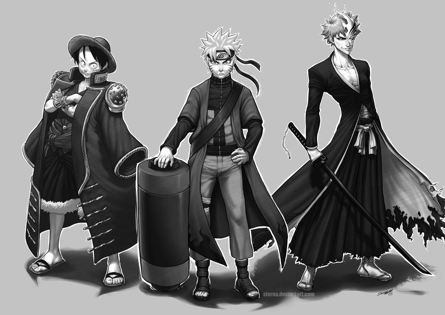 1500x1061 uzumaki naruto, monkey d. luffy, kurosaki ichigo, and hollow ichigo (one piece and 4 more) drawn