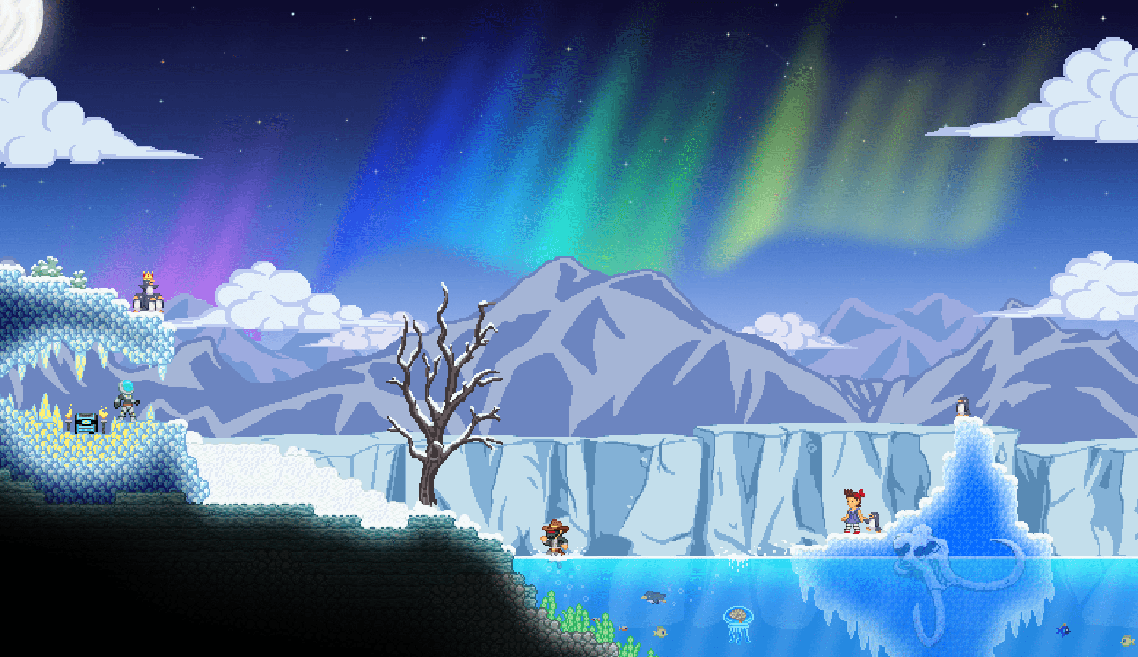 2337x1350 digital art, clouds, pixels, pixel art, trees, winter, night, mountains, fictional characters, iceberg, aurorae, Starbound, stars, landscape, nature, pixelated, snow Gallery HD Wallpaper