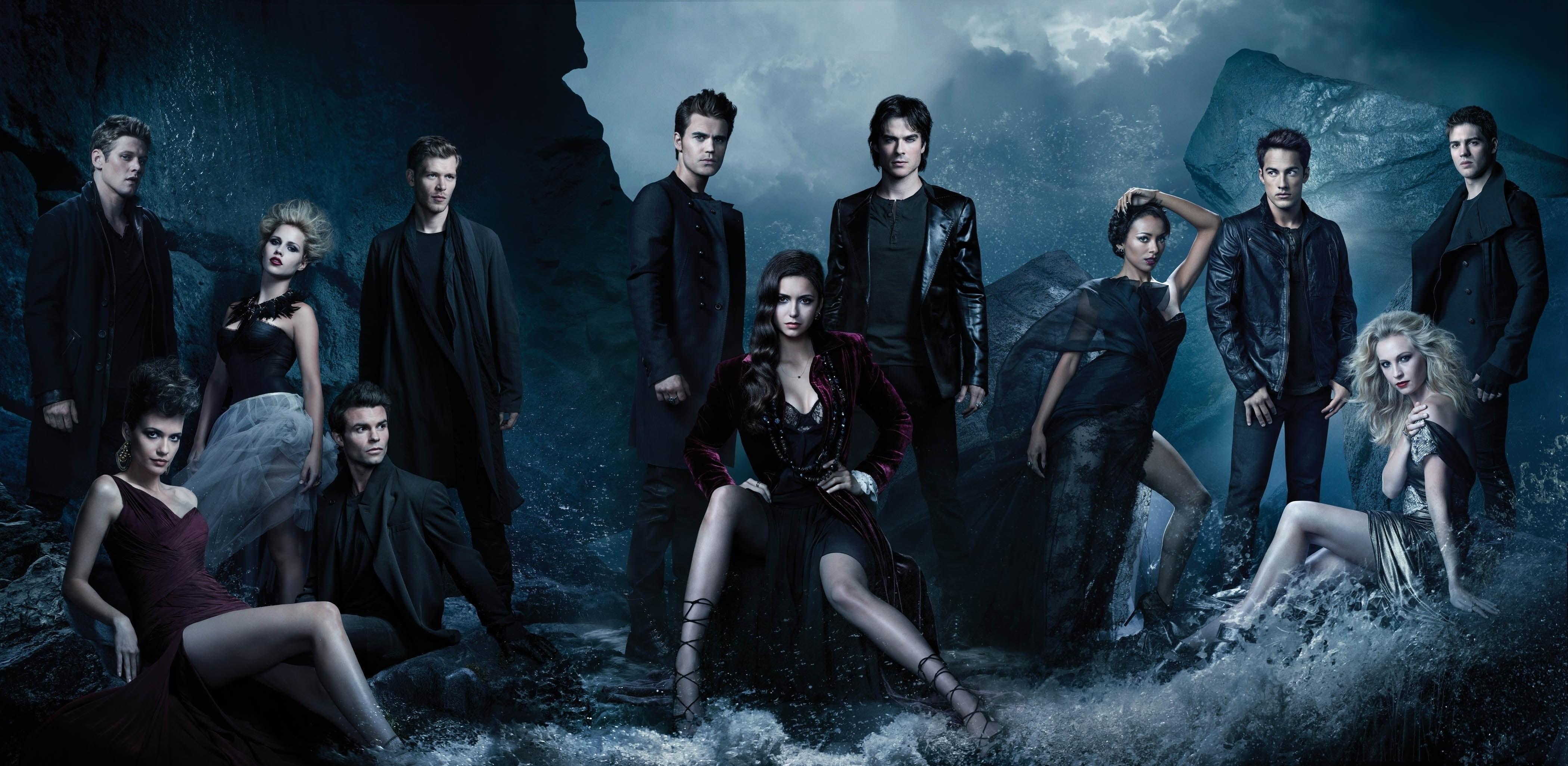 4200x2050 Wallpaper / The Vampire Diaries, Daniel Gillies, nightlife, Bonnie Bennett, Stefan Salvatore, outdoors, digital, happiness, adult, Damon, crowd, fun, Elena, caucasian Ethnicity free download