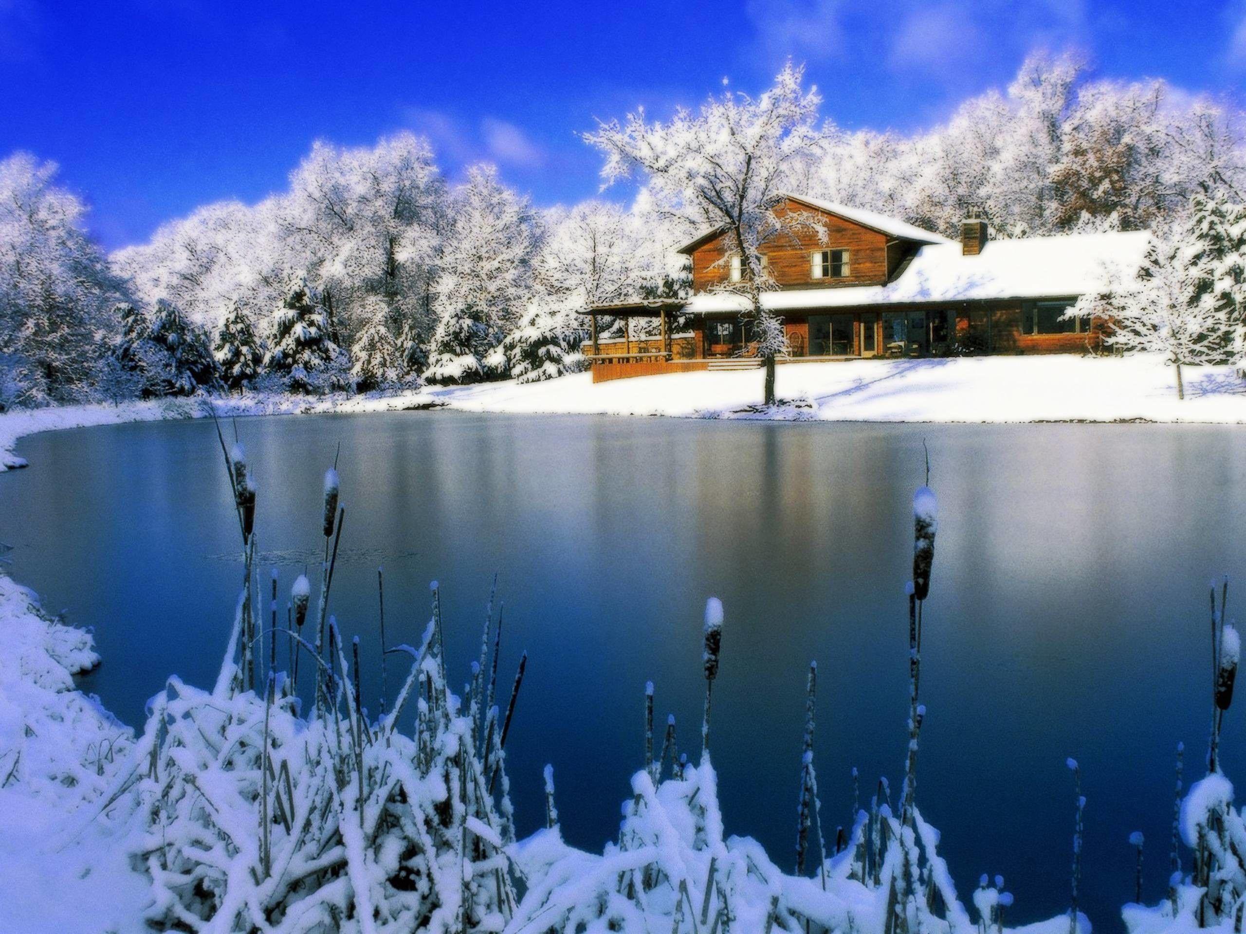 Зима на берегу озера. КИШ манзараси. Зимний домик. Зима пейзаж. Красивая зима.