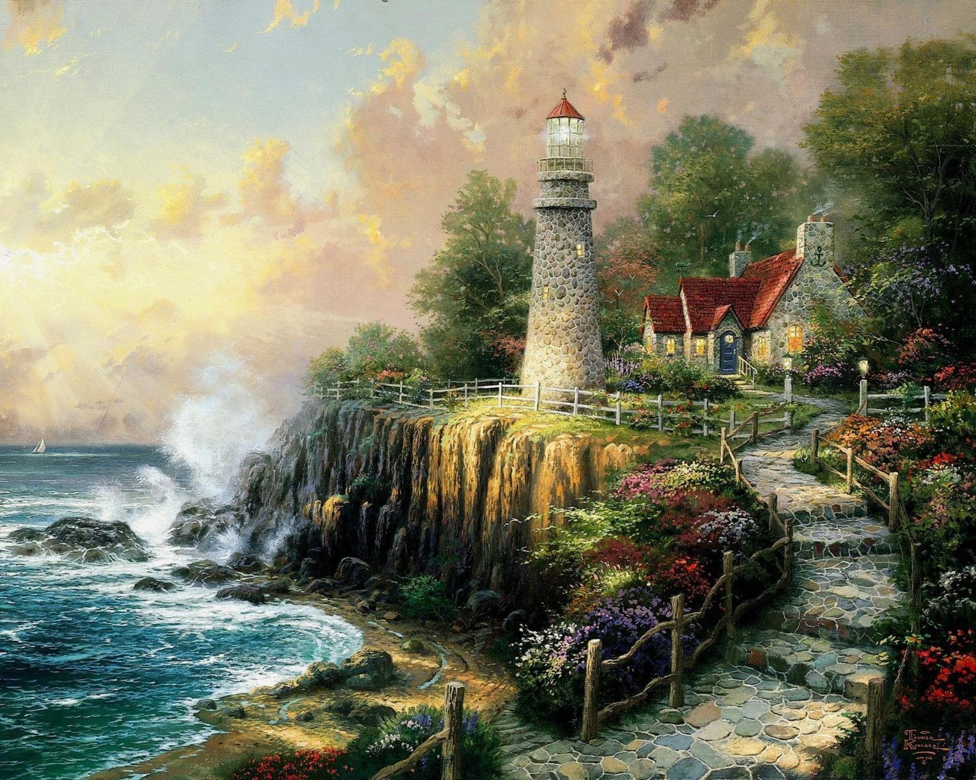 1920x1536 artwork Thomas Kinkade #painting #stairs #lighthouse #coast P # wallpaper #hdwallpaper #des. Thomas kinkade paintings, Kinkade paintings, Lighthouse painting