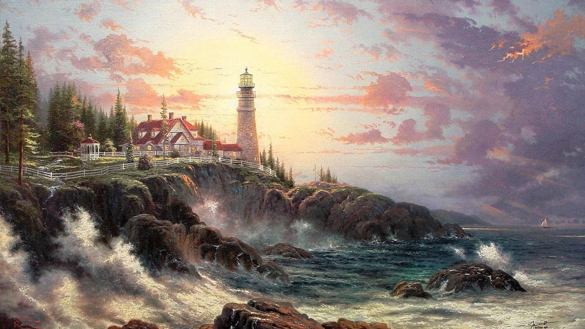 1920x1080 Lighthouse By Thomas Kinkade #thomas #picture #drawing 3D and abstract P #wallpaper #hdwallpaper. Kinkade paintings, Thomas kinkade, Thomas kinkade art