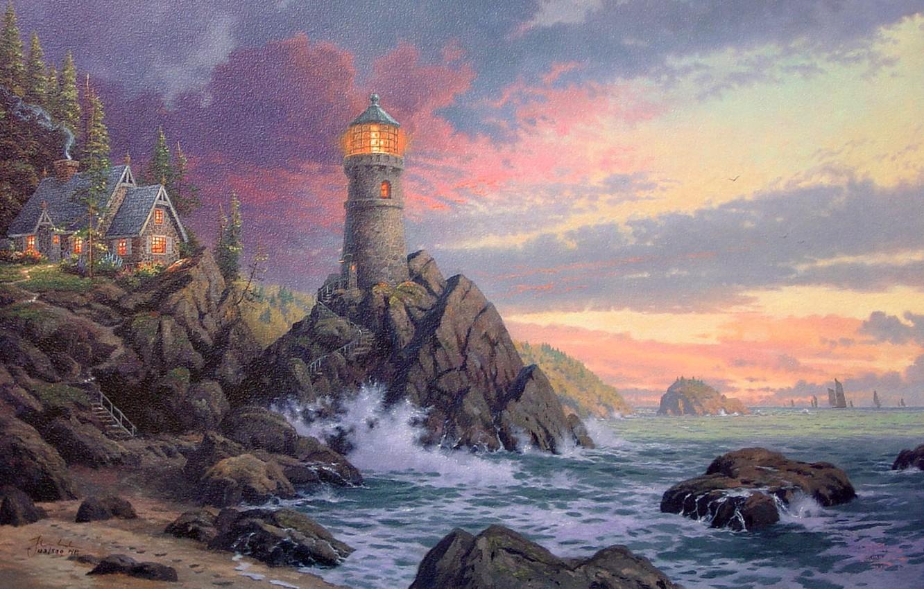 1332x850 Wallpaper wave, rock, house, the ocean, lighthouse, the evening, waves, rock, house, painting, ocean, sunset, art, evening, Thomas Kinkade, sailboats image for desktop, section живопись
