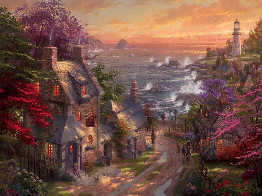 1024x768 Thomas Kinkade The Village Lighthouse Wallpaper 1280x960