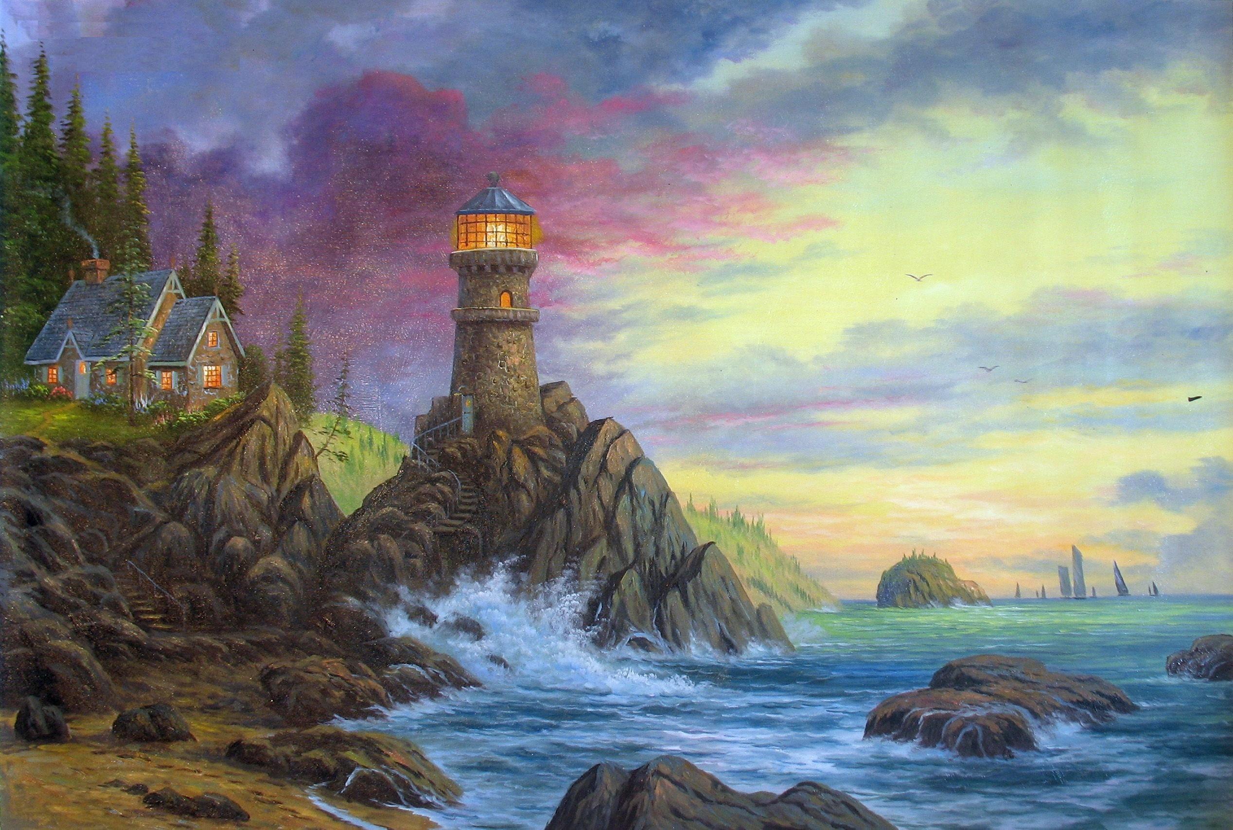 2536x1708 Wallpaper / ocean, thomas, house, decor, wavesthomas kinkade, evening, lighthouse, 3D and ab, sunset, painting, 1080P, rock, kinkade free download