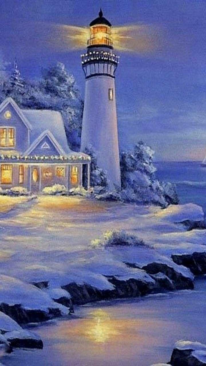 720x1280 Lighthouse in winter. Christmas lights wallpaper, Lighthouse painting, Canvas picture
