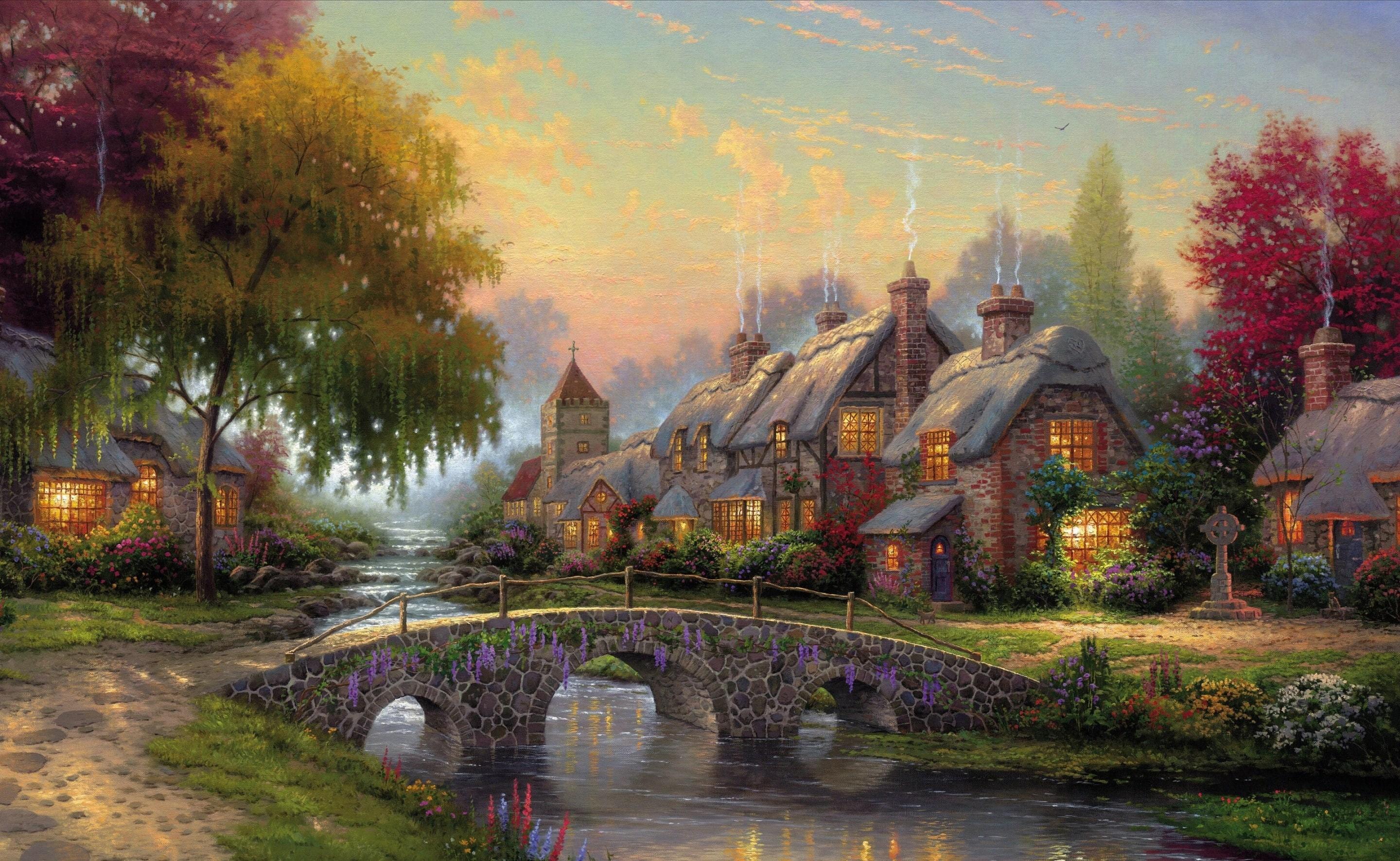 2880x1773 Wallpaper / building, house, transportation, river, Artistic, painting, building exterior, built structure, tree, near, outdoors, lake, Bridge, sky, Kinkade, cobblestone free download