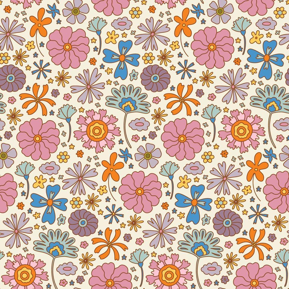 980x980 Groovy retro boho flower seamless pattern, vintage 70s digital paper. Hand drawn flower background for fabric, textile, stationery, wallpaper