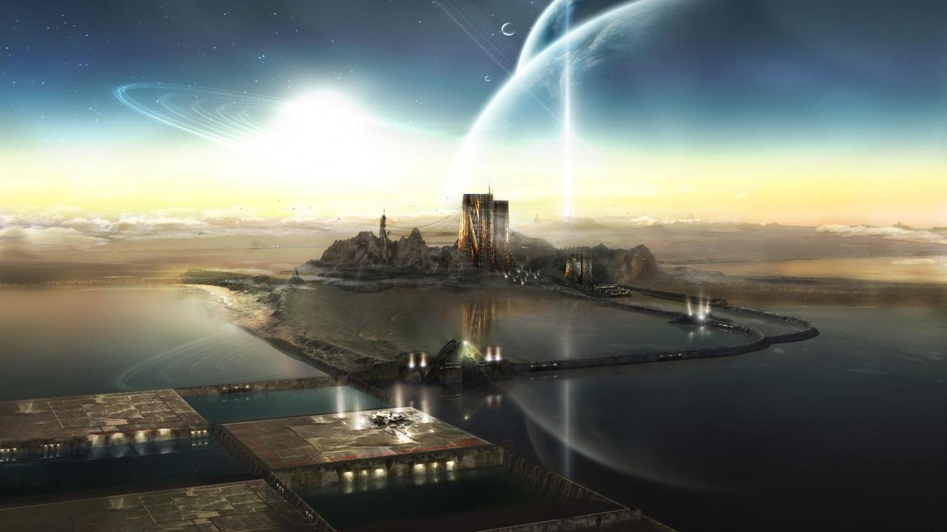 1366x768 Landscape Water Terragen Planet City Terraforming Sci fi. Space