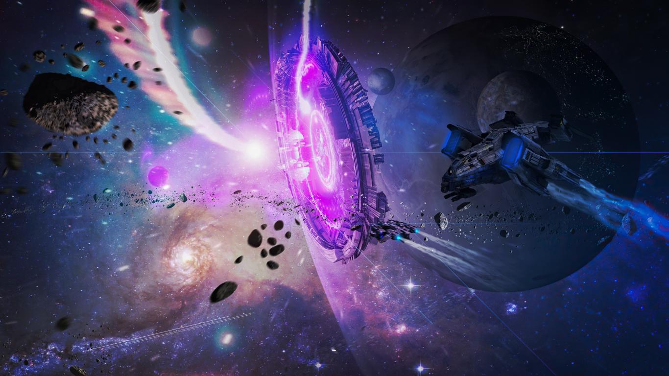 1366x768 The Opening Of Portal Spaceship Art Wallpaper Background For Your XFCE Desktop