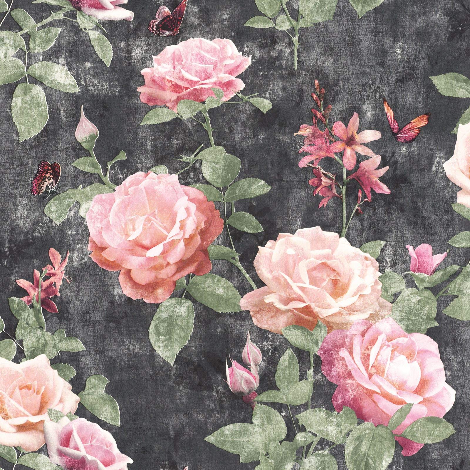 1600x1600 Portfolio Vintage Rose Wallpaper Pink Charcoal Rasch 215014