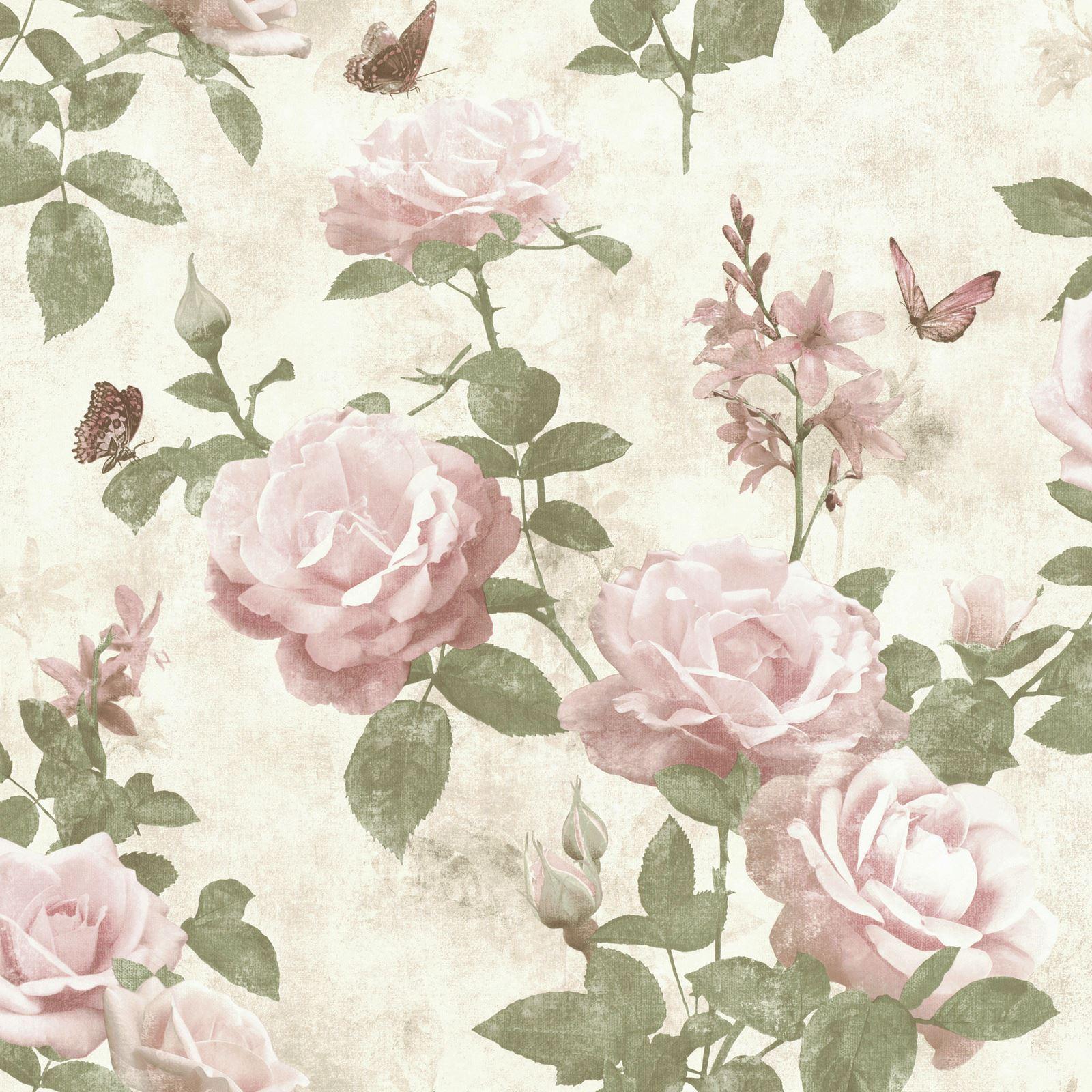 1600x1600 Rasch Portfolio Vintage Classic Rose Wallpaper Flowers Leaves Butterflies