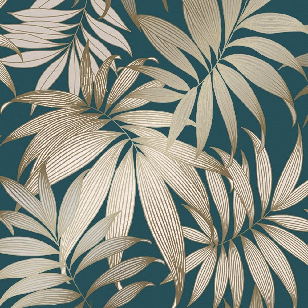 1000x1000 Grand Bahama Tropical Leaf wallpaper in teal & gold. I Love Wallpaper