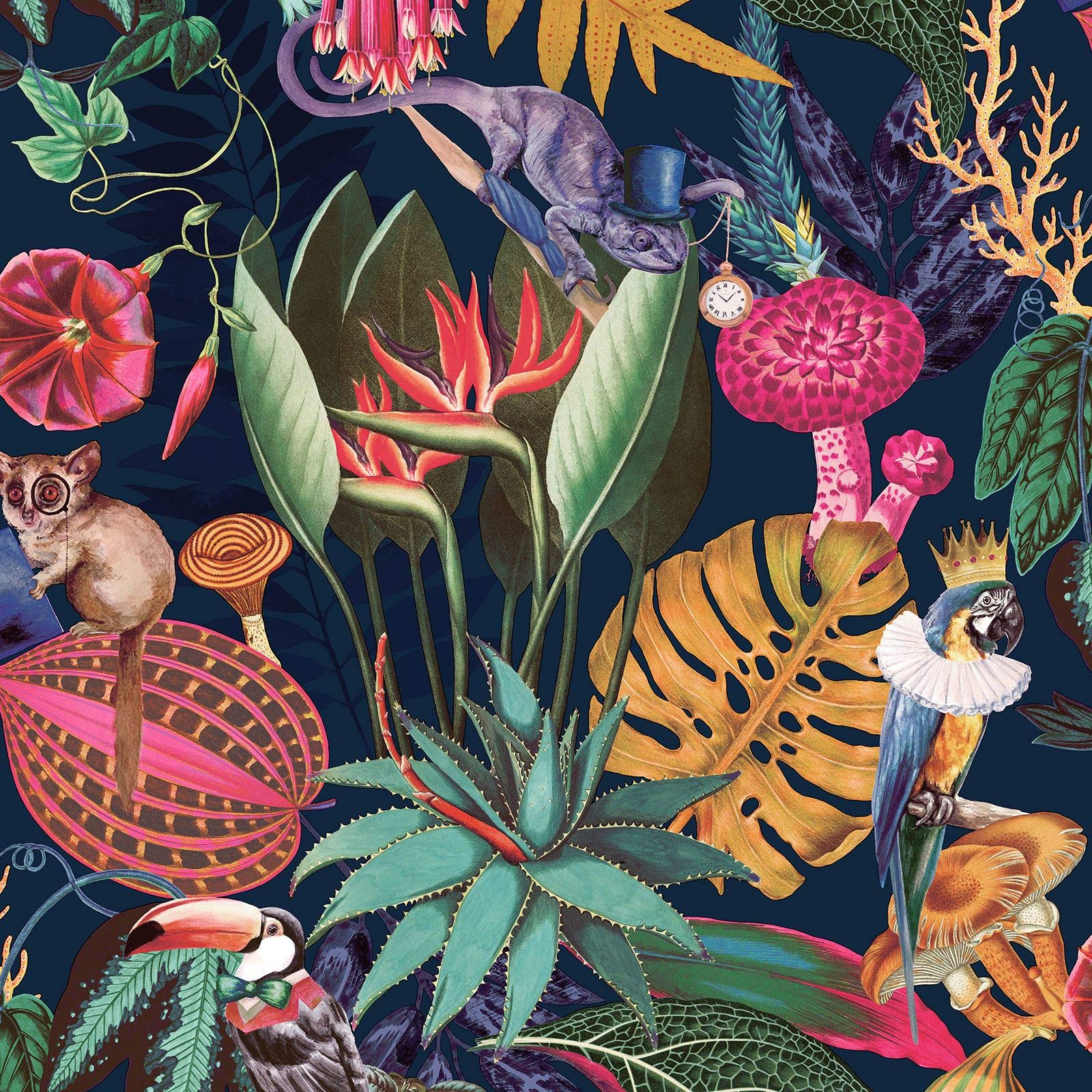 1600x1600 Wonderland Tropical Exotic Fantasy Themed Animal Plant Flower Printed Wallpaper Colourful Chameleon Toucan Tropical Foliage Flowers