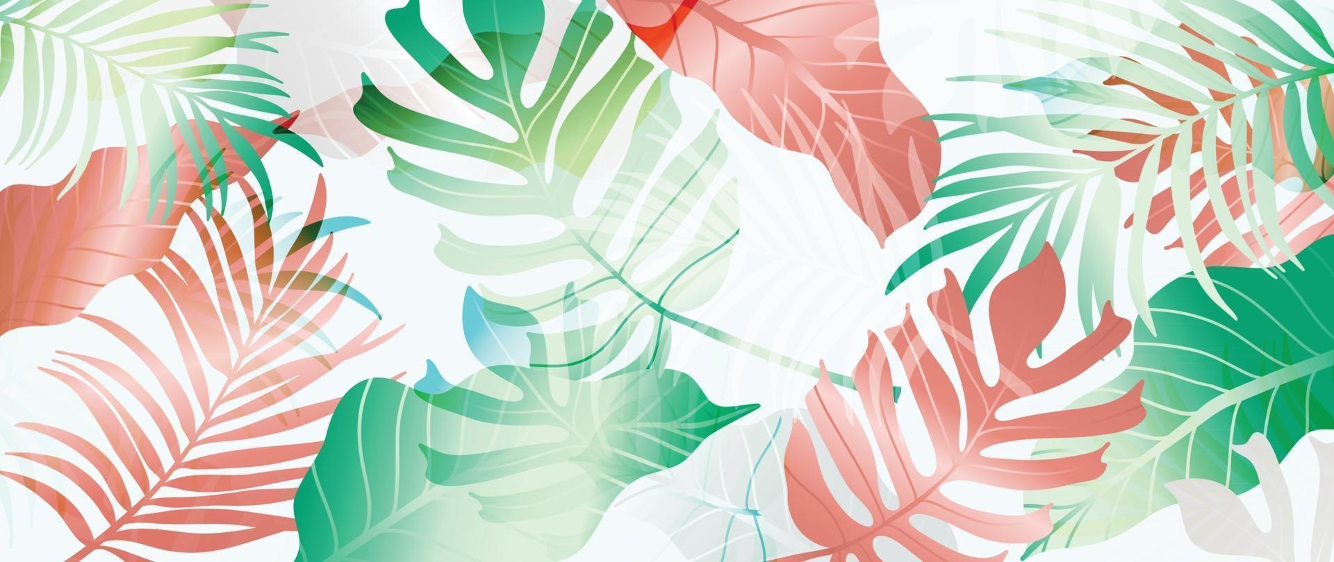 1920x810 Abstract art tropical leaves background vector. Wallpaper design with watercolor art texture from palm leaves, Jungle leaves, monstera leaf, exotic botanical floral pattern