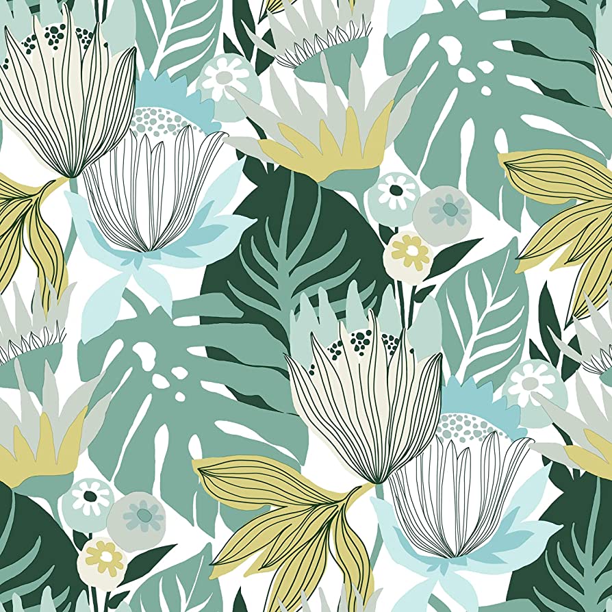 894x894 RoomMates RMK11914WP Teal and Yellow Retro Tropical Leaves Peel and Stick Wallpaper