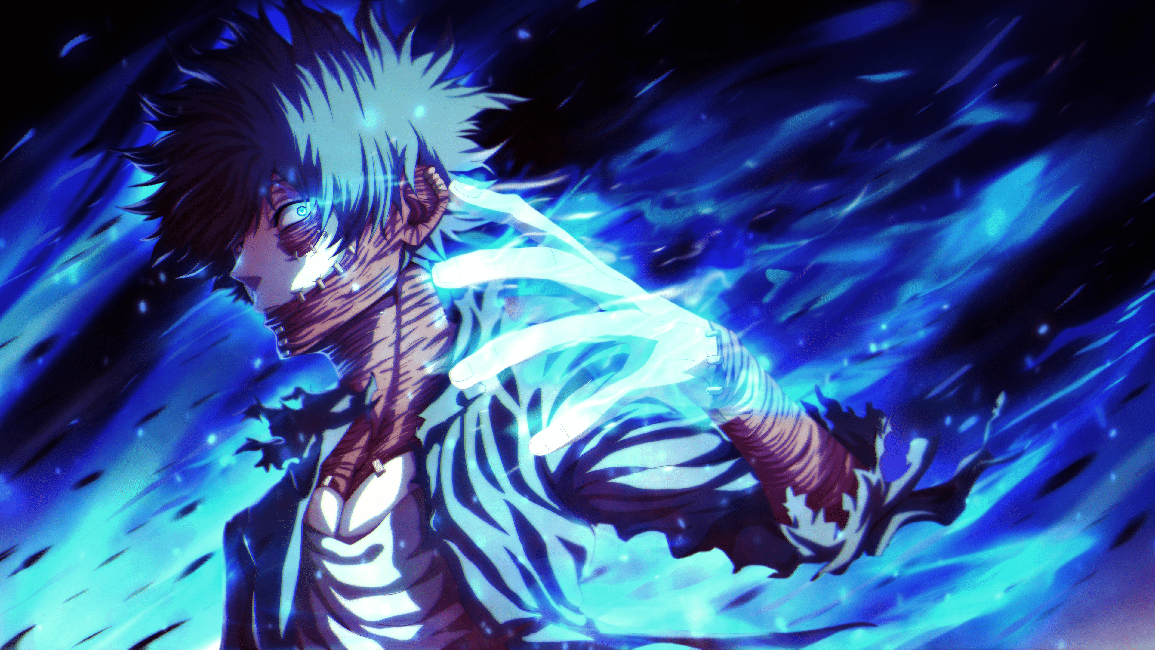 3840x2161 4K, anime boys, turquoise eyes, black hair, blue flames, anime, blue, Boku no Hero Academia, Dabi Gallery HD Wallpaper