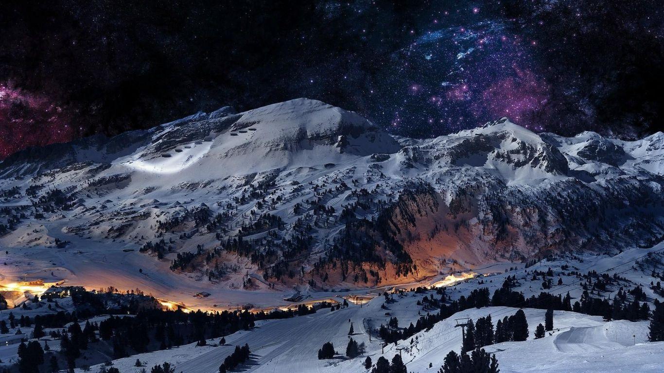 1366x768 Graceful Winter Mountain Night desktop PC and Mac wallpaper