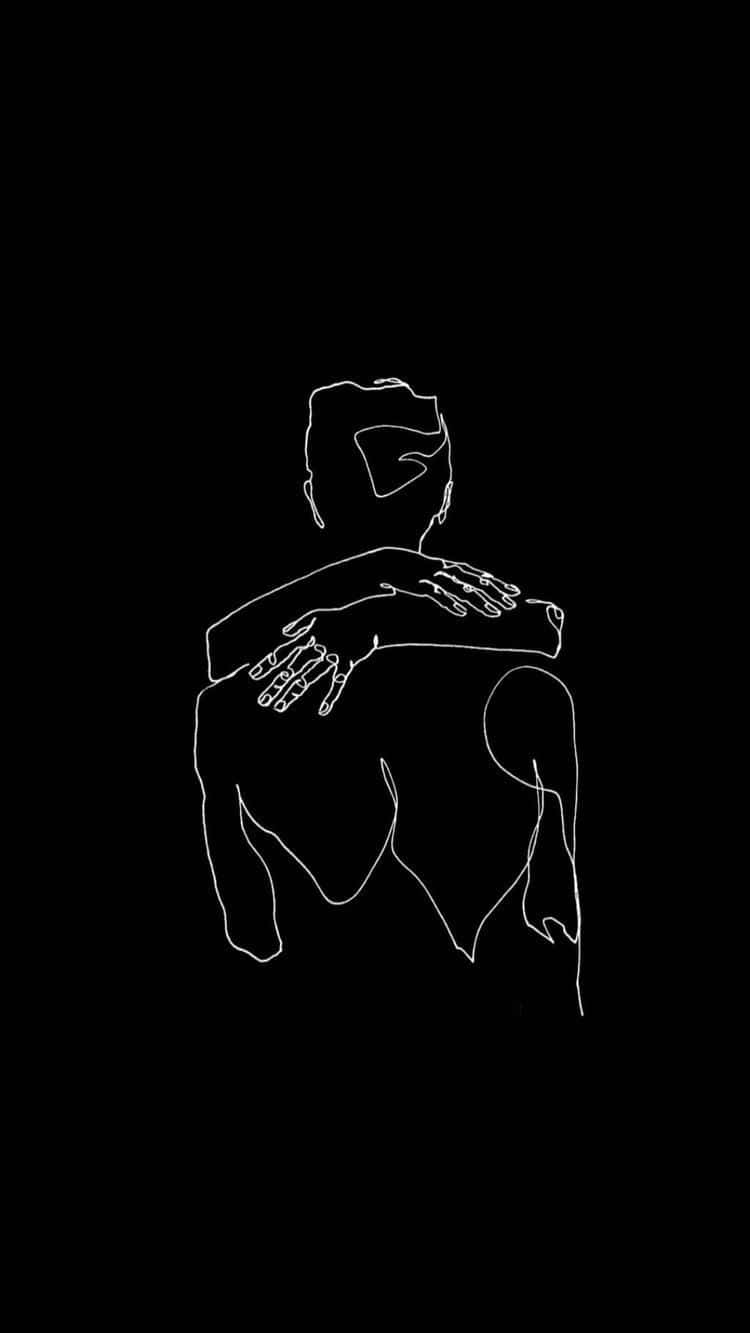 750x1333 Download Black Themed Line Art Couple Hugging Wallpaper