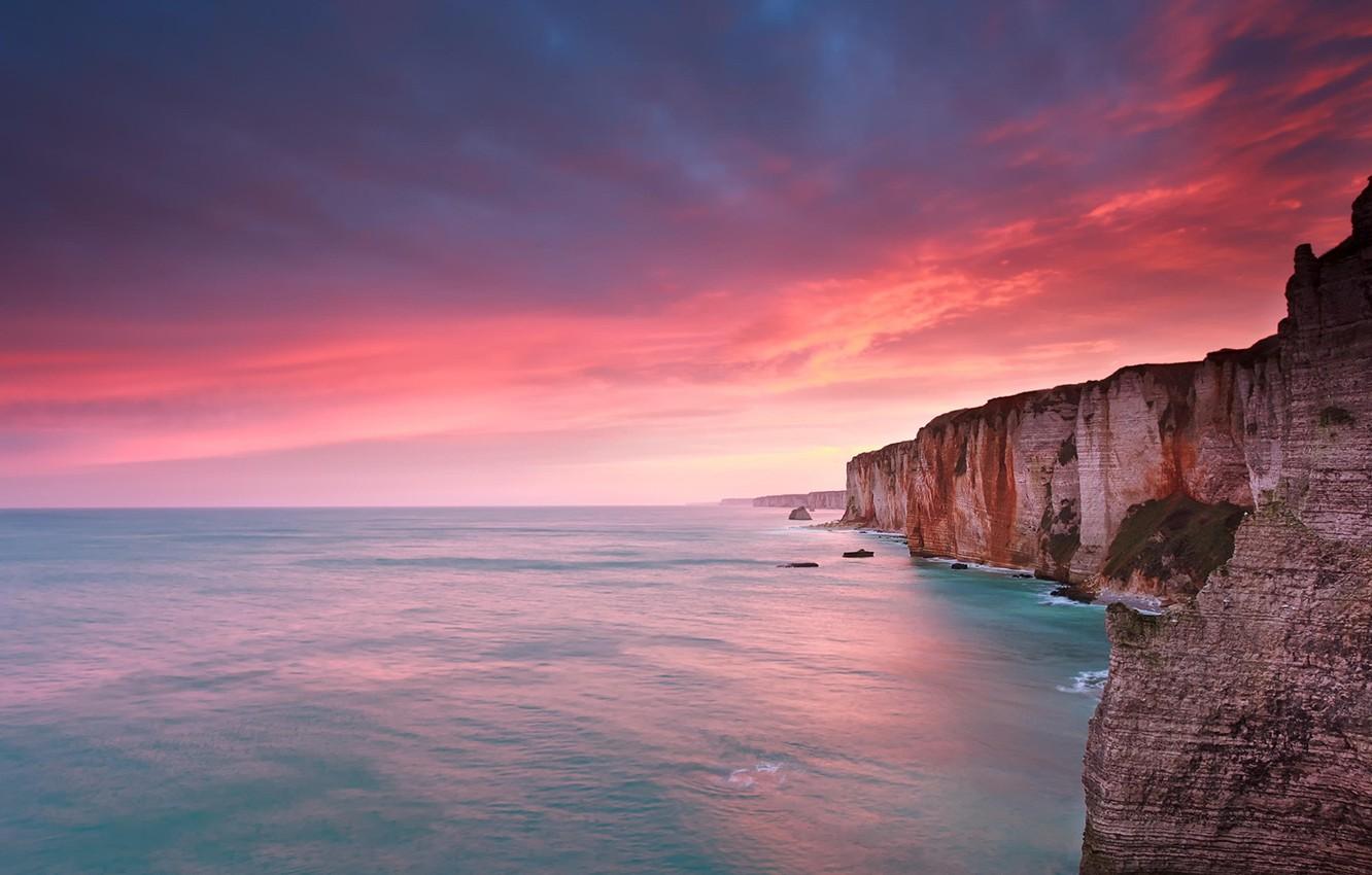 1332x850 Wallpaper sky, sea, landscape, nature, France, clouds, sunrise, horizon, cliff, Étretat image for desktop, section пейзажи