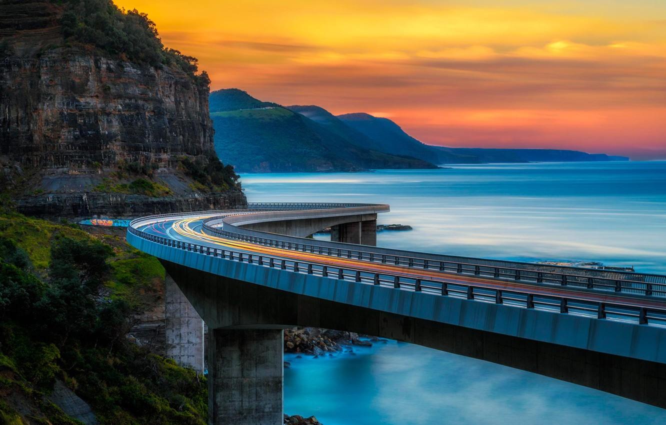 1332x850 Wallpaper mountains, bridge, the ocean, Australia, Sea Cliff Bridge image for desktop, section пейзажи