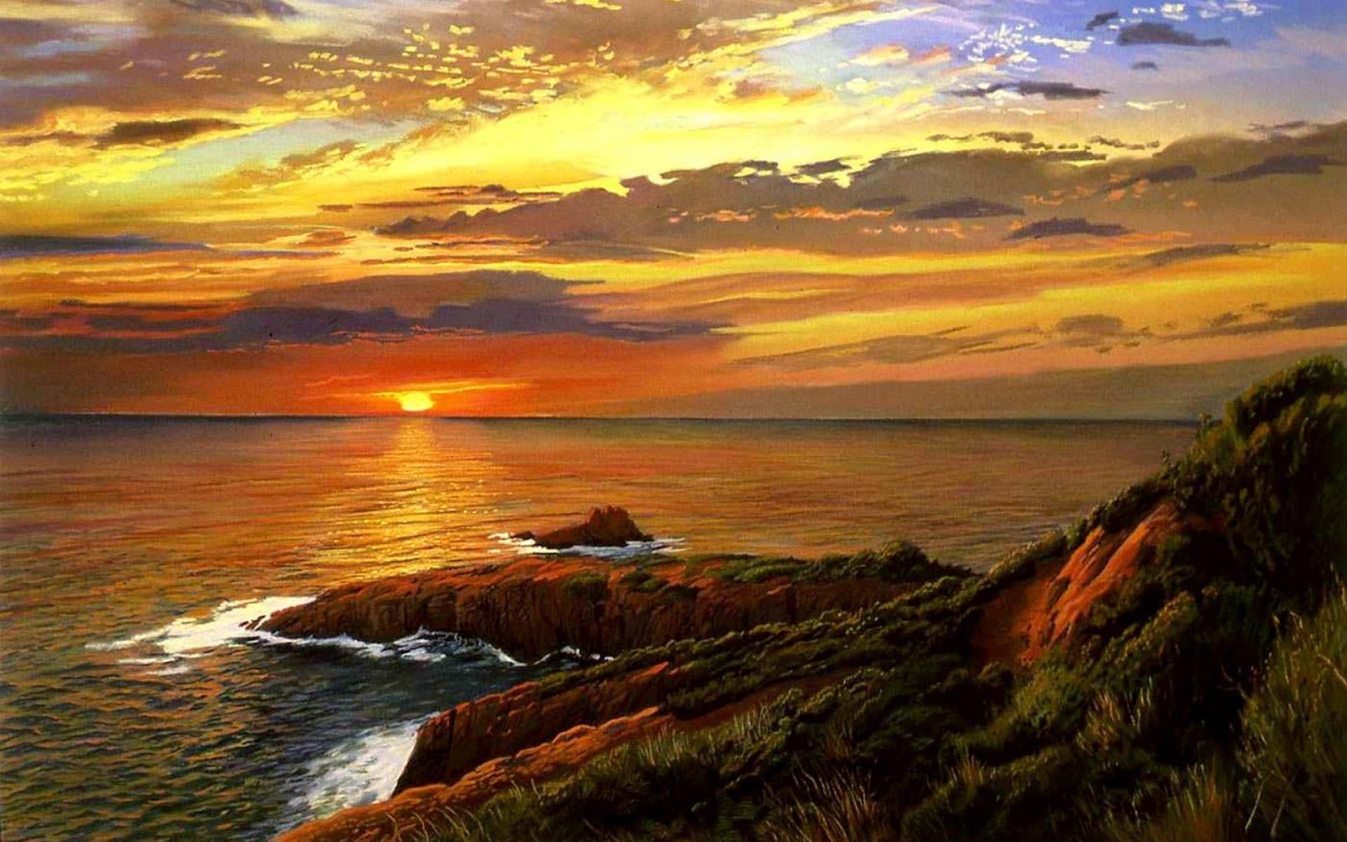 1920x1200 Ocean Cliff Grass Great Sunset wallpaper. Ocean Cliff Grass Great Sunset