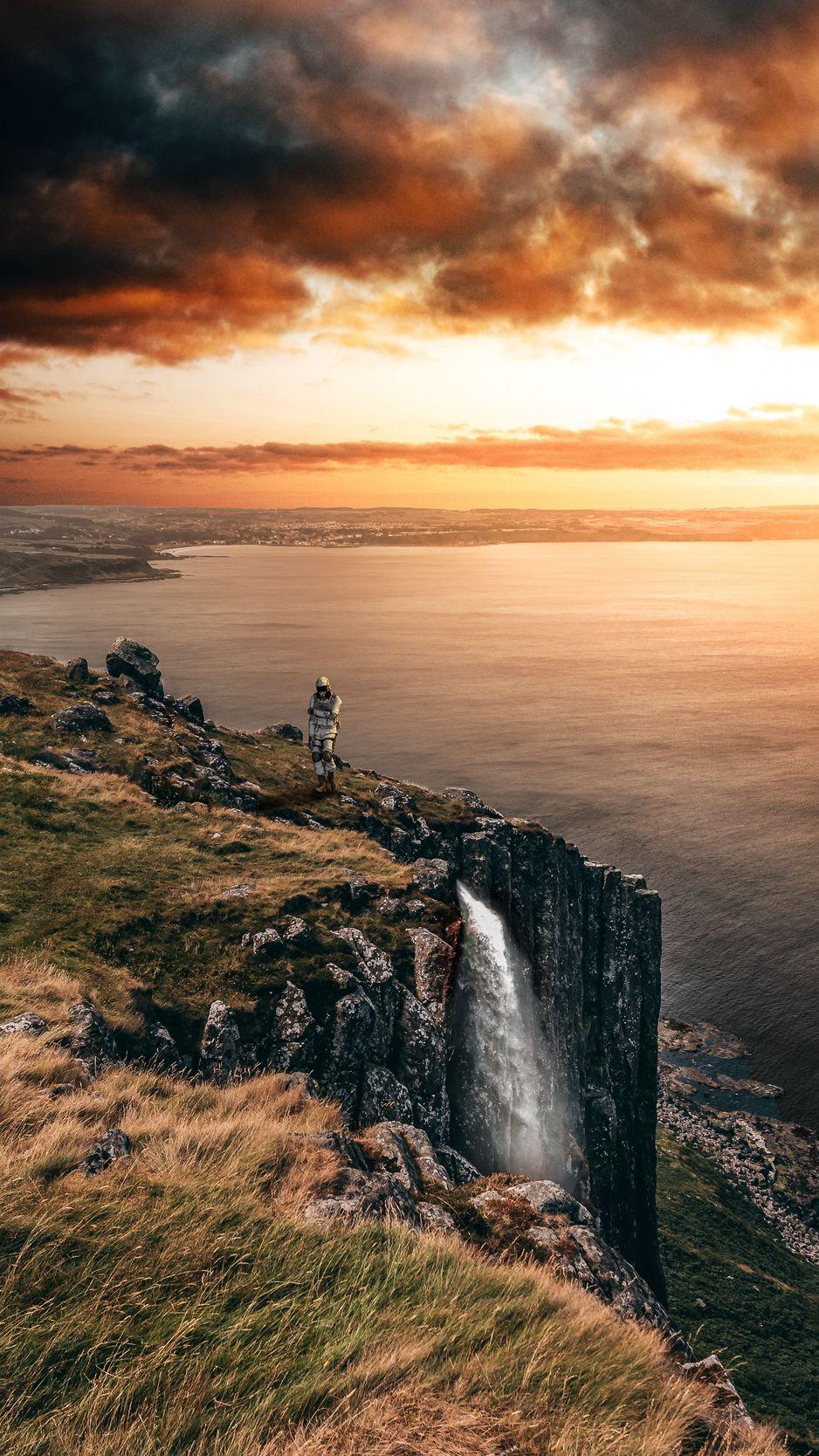 938x1668 Download Wallpaper 938x1668 Sea, Cliff, Waterfall, Sunset, Landscape Iphone 8 7 6s 6 For Parallax HD Background