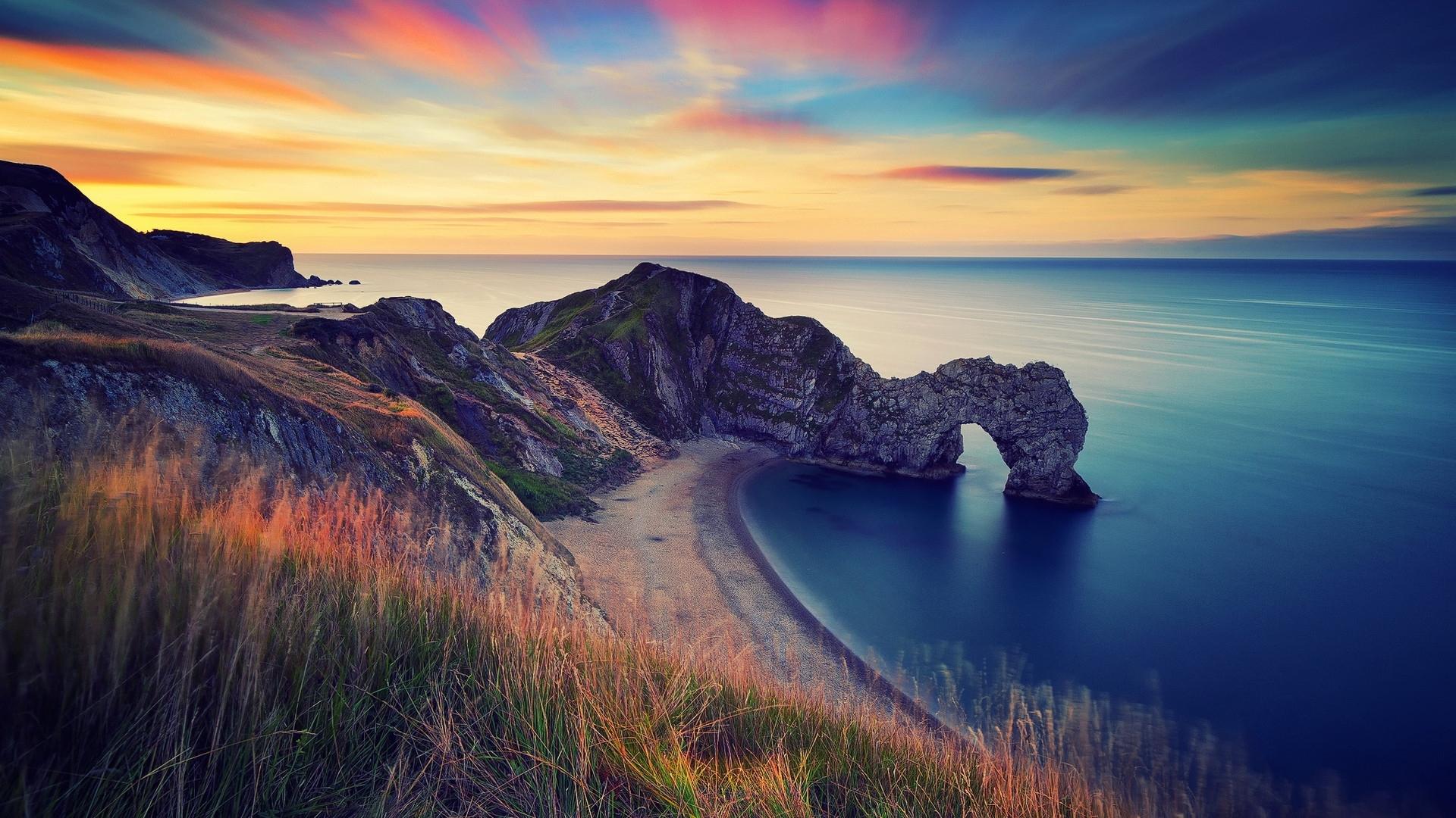 1920x1080 wallpaper sea cliffs sunset