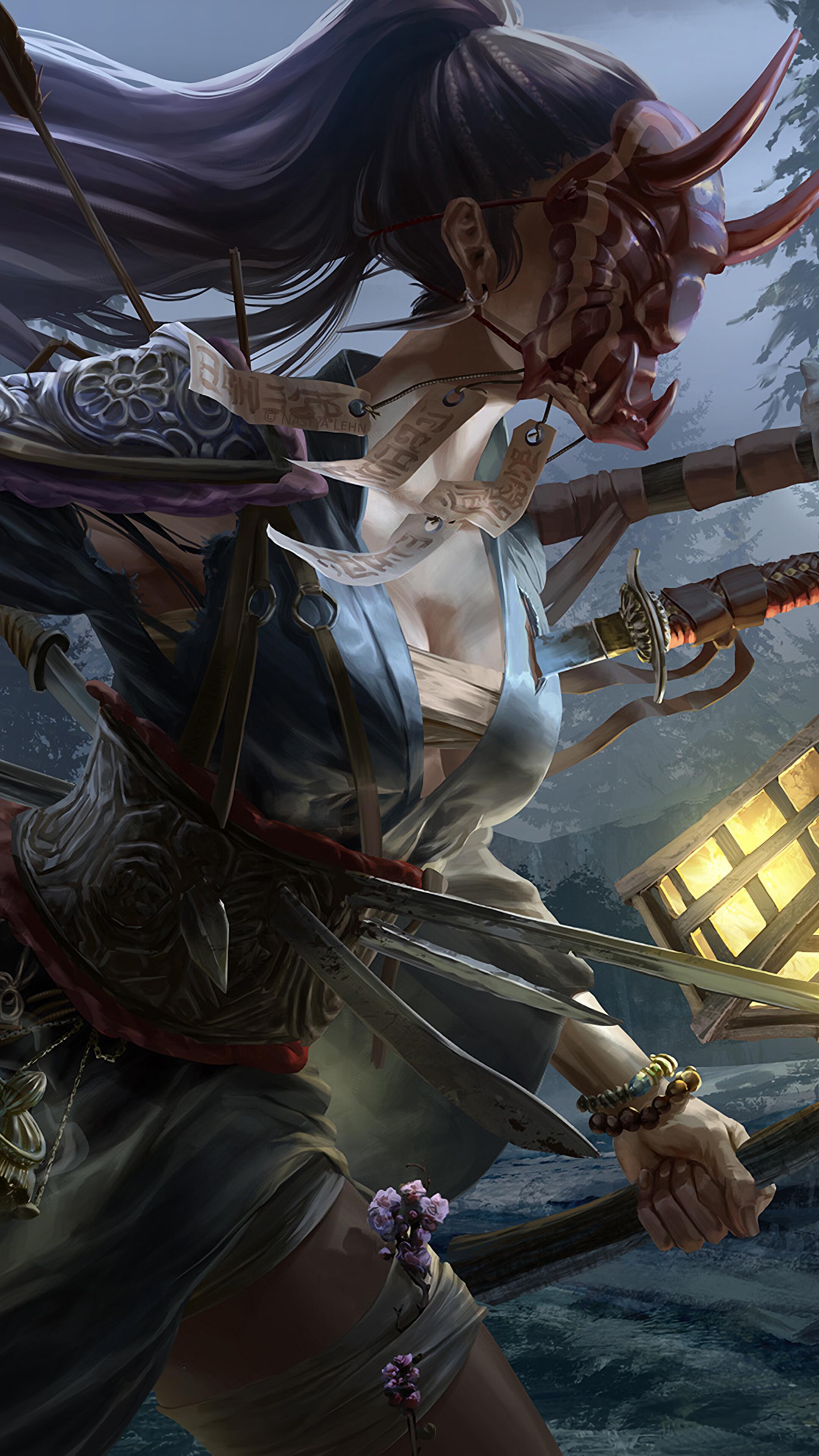 2160x3840 Samurai, Warrior, Weapons, Mask, Fantasy, 4k Gallery HD Wallpaper