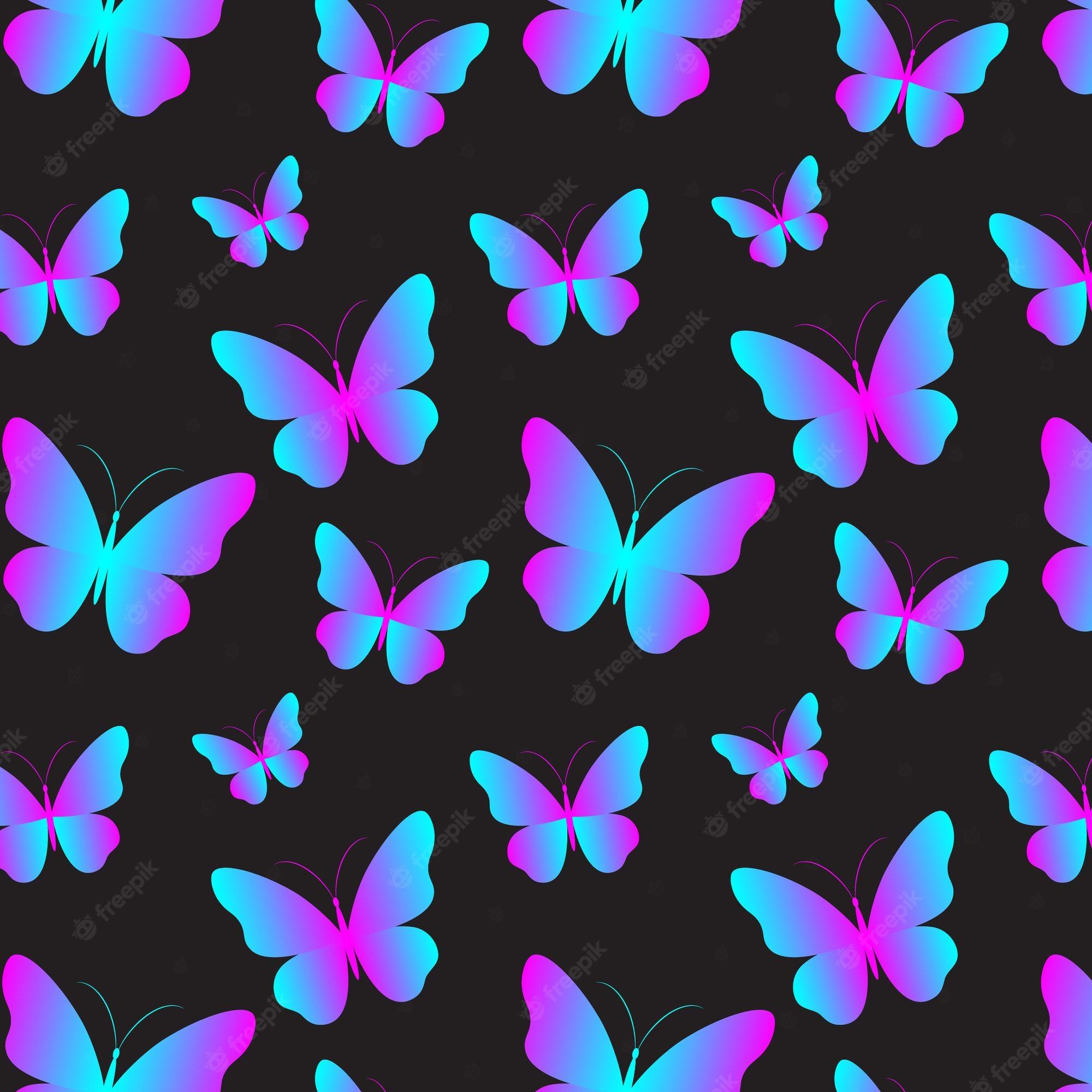 2000x2000 Premium Vector. Glowing neon butterflies seamless pattern. colorful holographic gradient design on black background