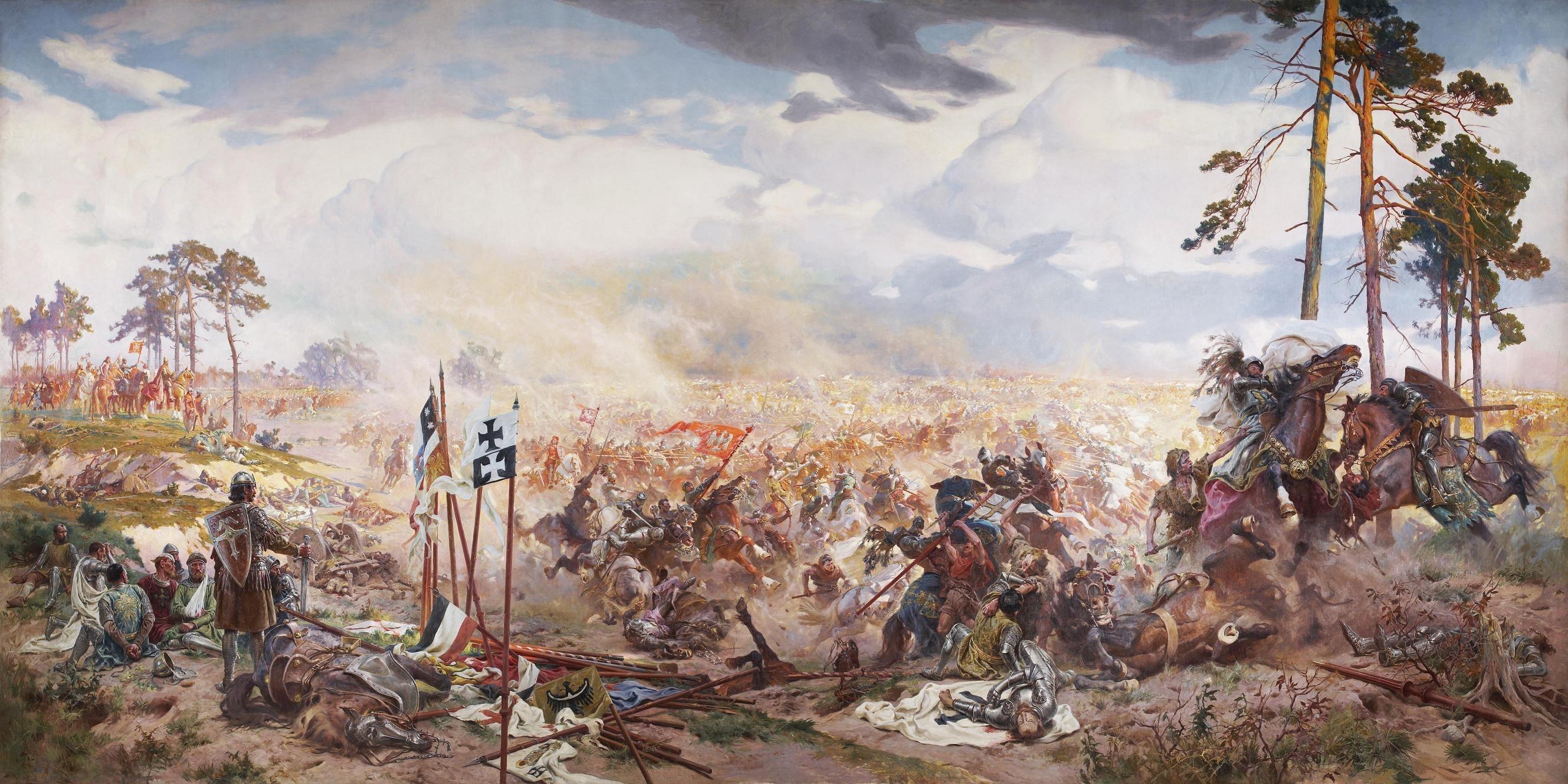 2658x1329 painting, Battle of Grunwald, historic, Poland, classic art, battlefields, Teutonic Order, Lithuania, teutonic, Žalgirio mūšis Gallery HD Wallpaper